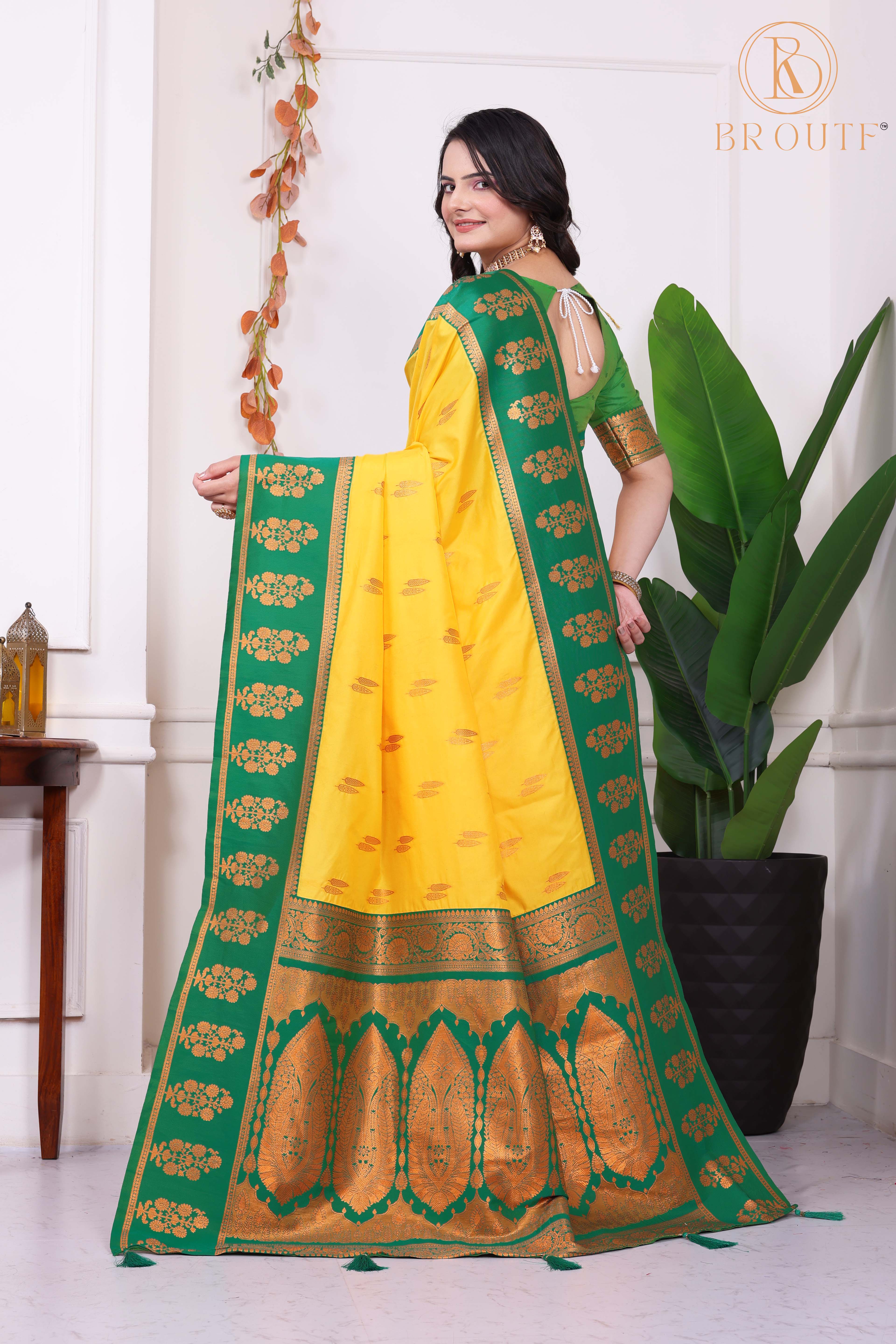 Festive Yellow & Green Banarasi Style Silk Saree