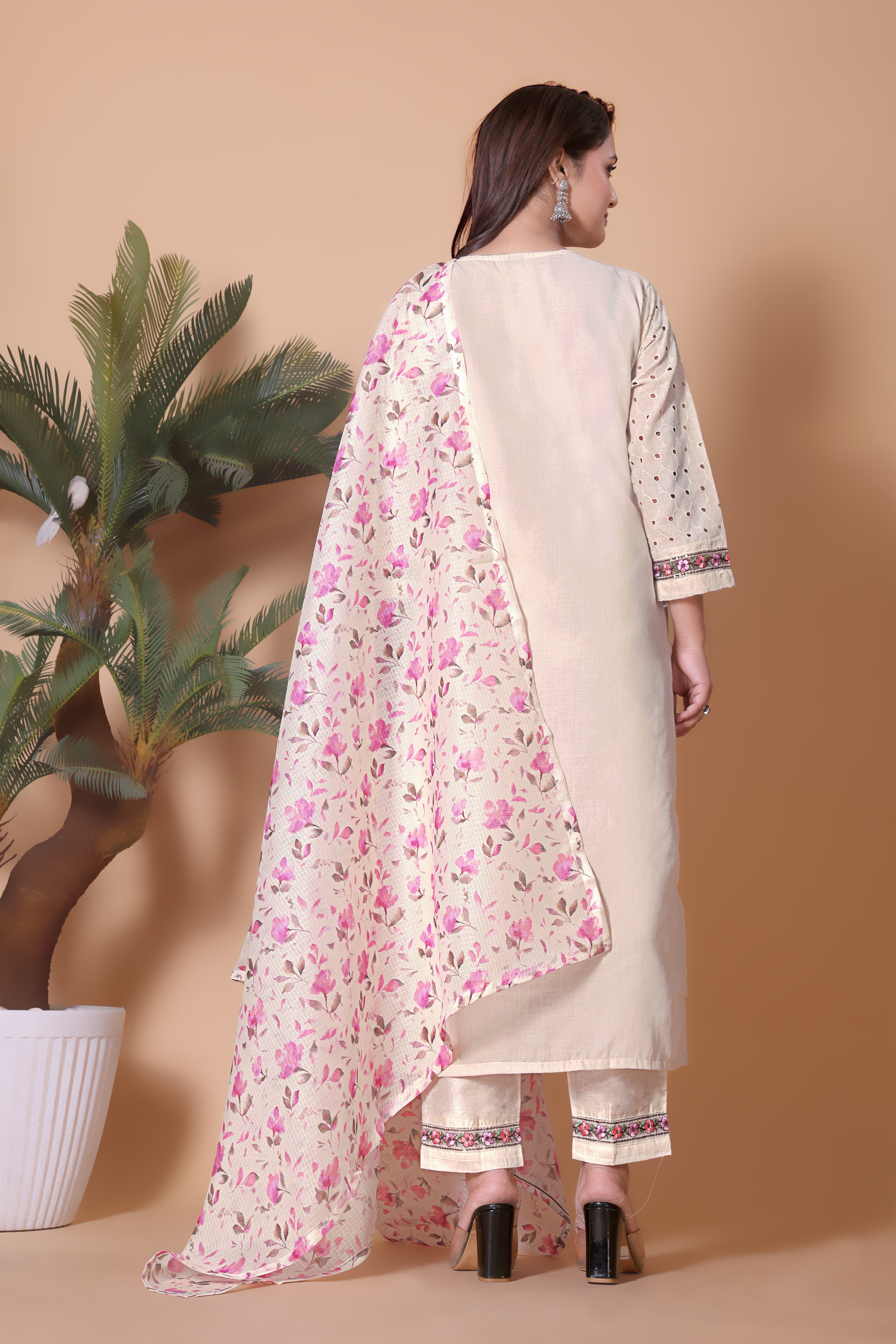 Off-White Embroidered Kurti with Pink Floral Dupatta & Pant Set