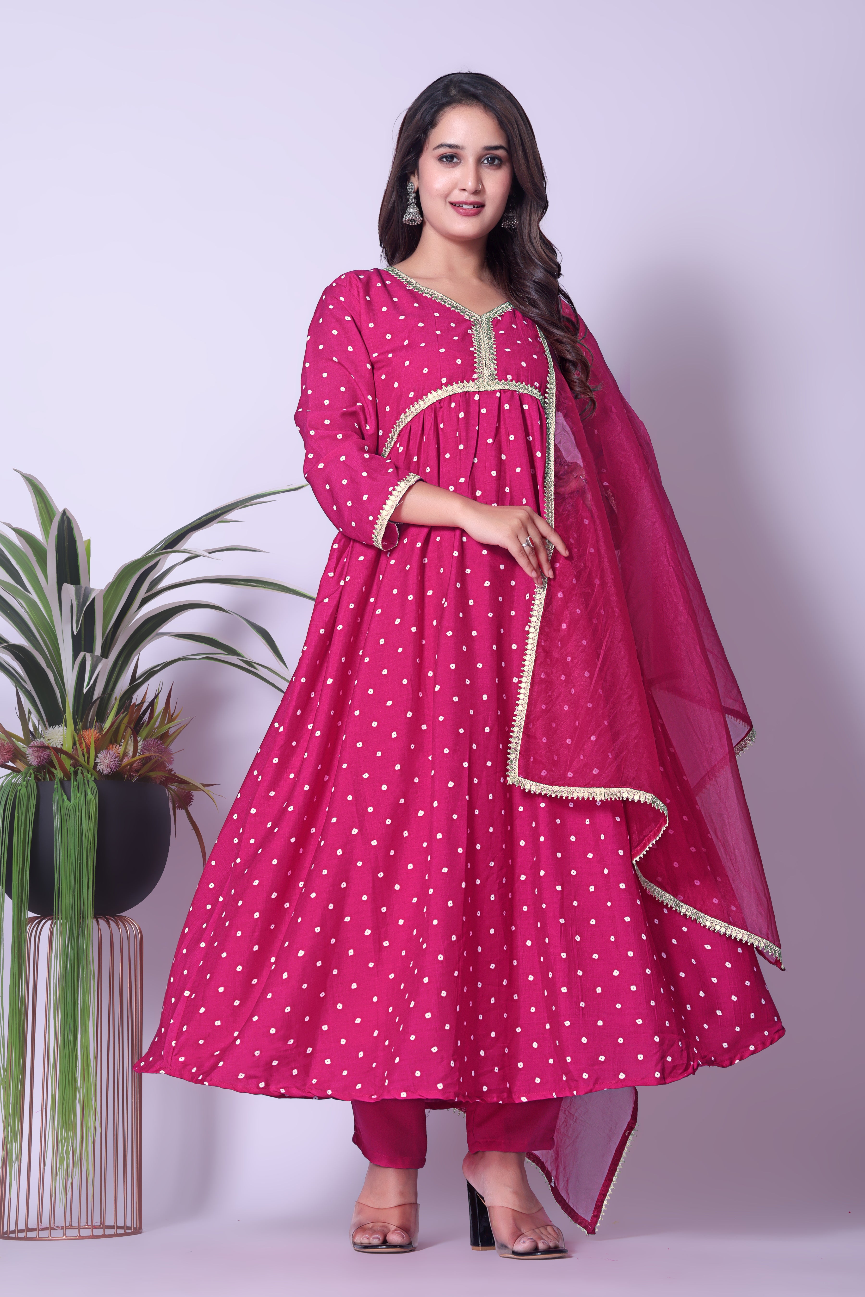 Women's Hot RedGeorgette Flared Kurta with Dupatta Set