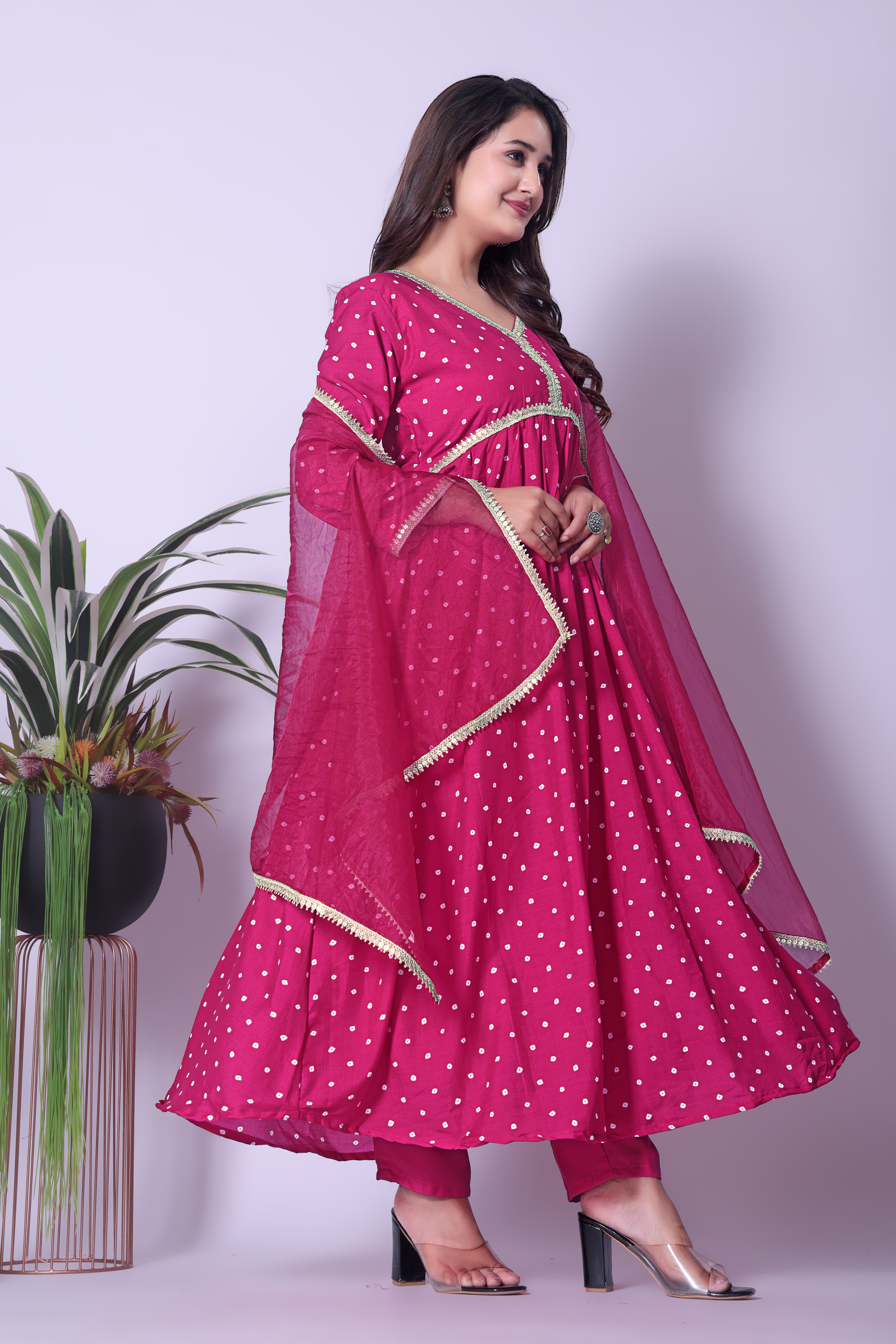 Women's Hot RedGeorgette Flared Kurta with Dupatta Set