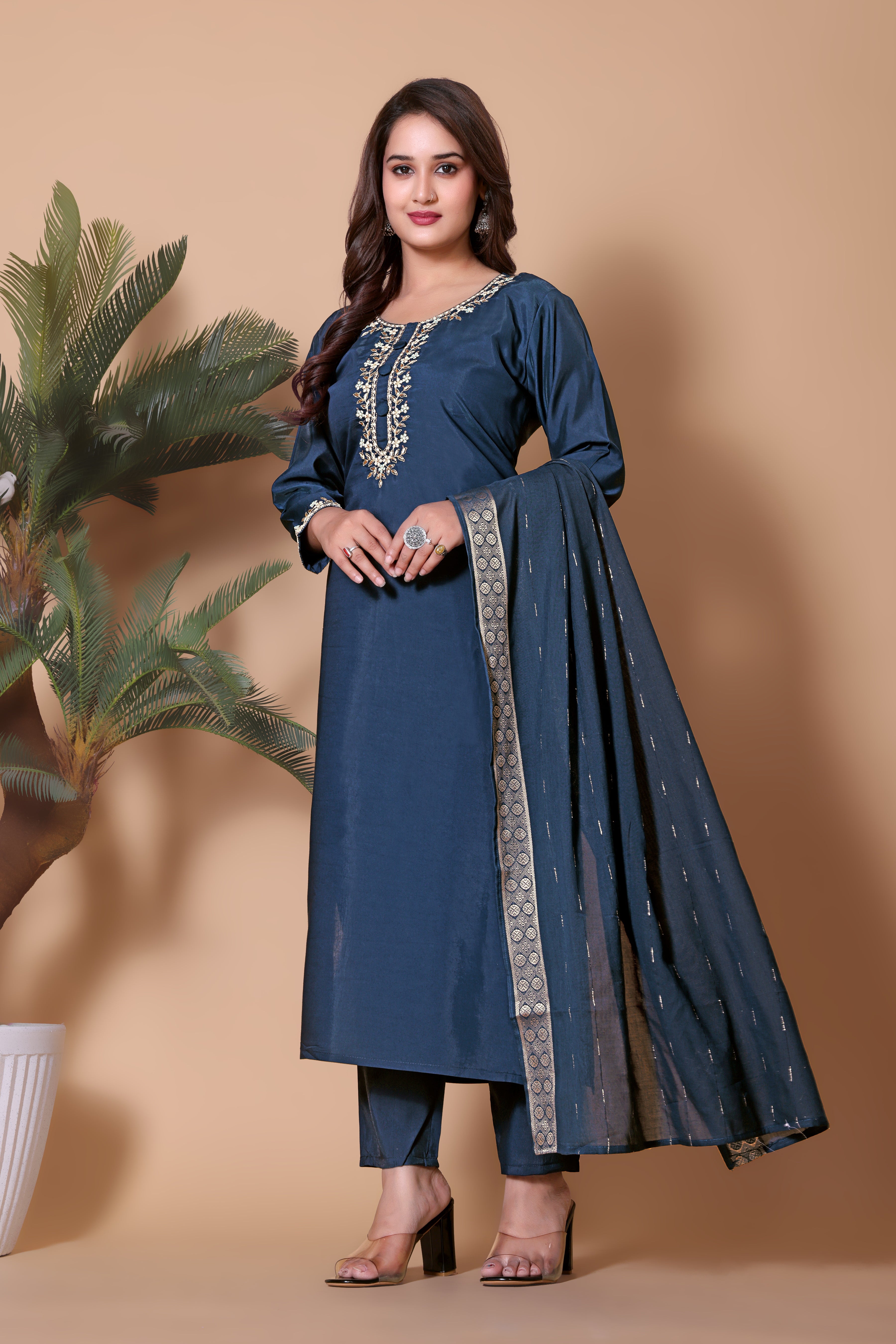 Elegant Navy Blue Embroidered Silk Blend Kurta Pant Set with Matching Dupatta.