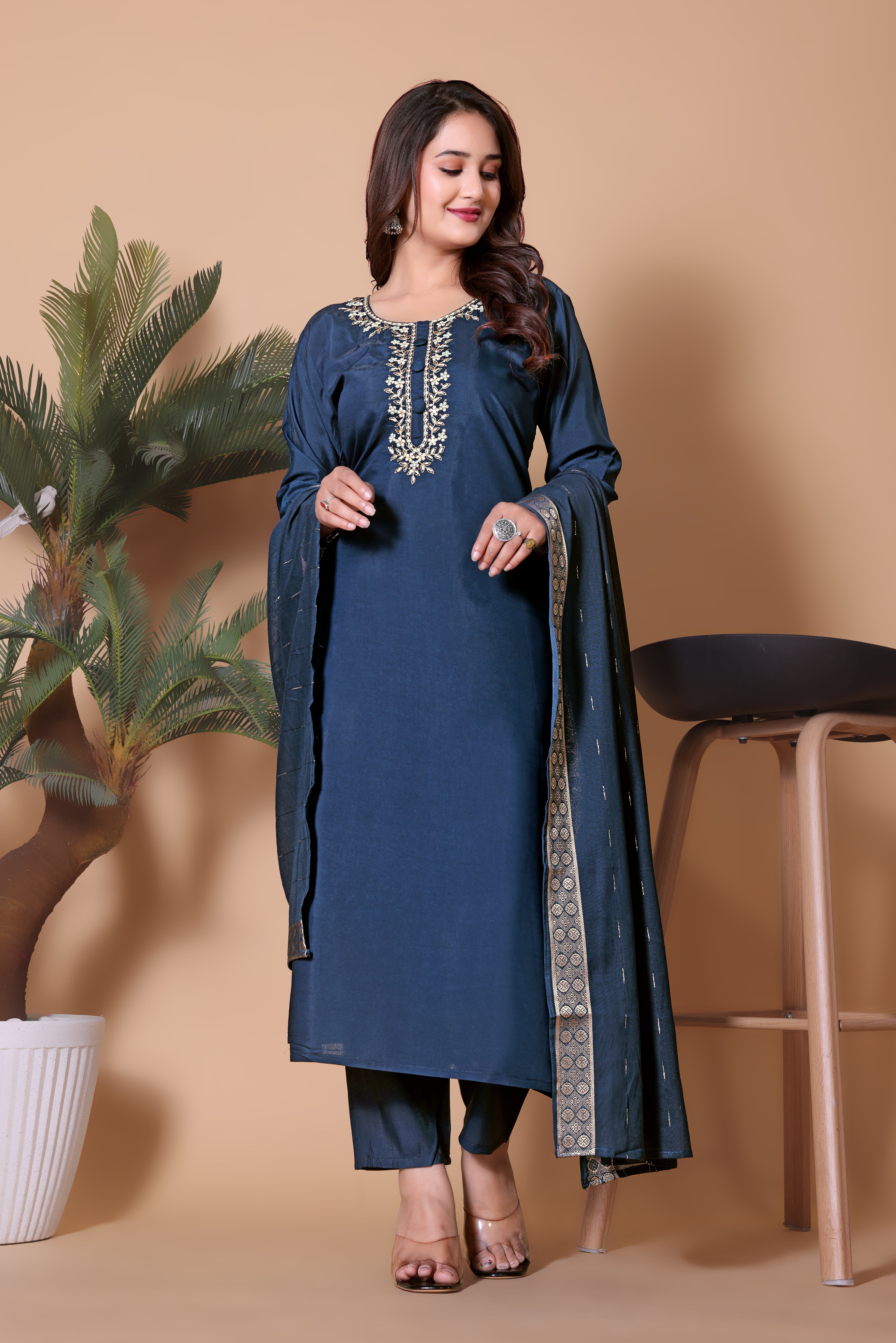 Elegant Navy Blue Embroidered Silk Blend Kurta Pant Set with Matching Dupatta.