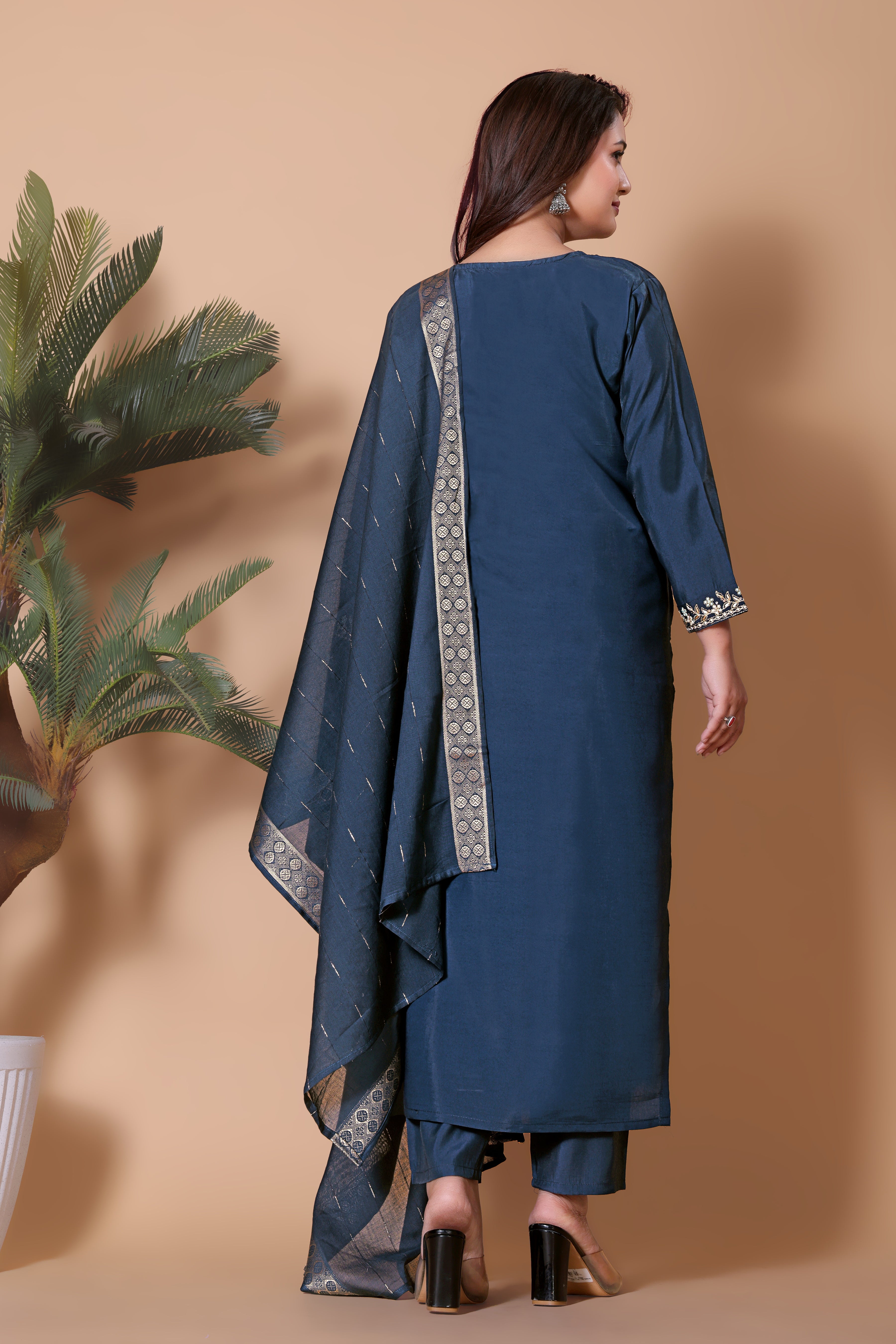 Elegant Navy Blue Embroidered Silk Blend Kurta Pant Set with Matching Dupatta.