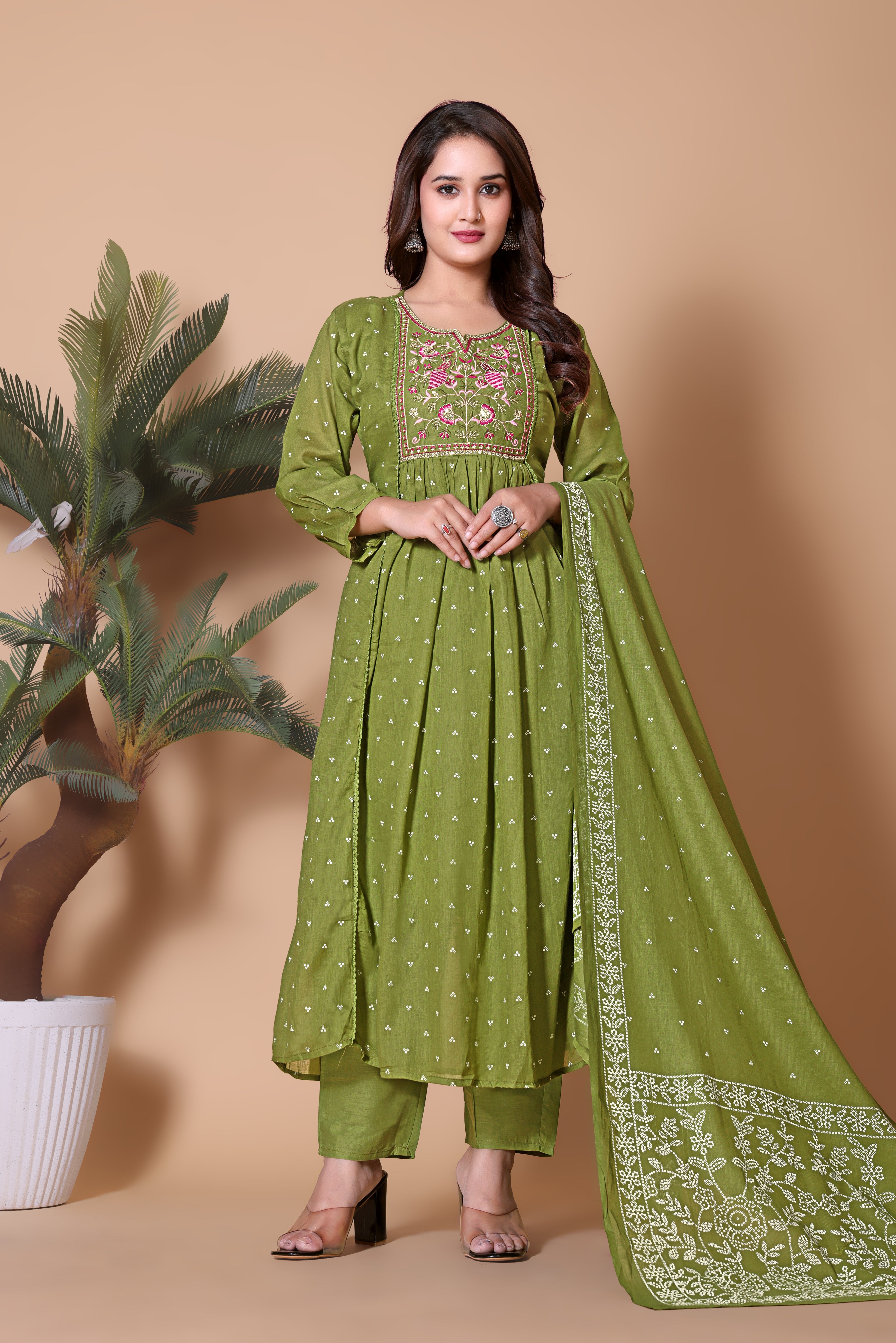 Green Thread Work Anarkali Kurta Pant Dupatta Set for Women