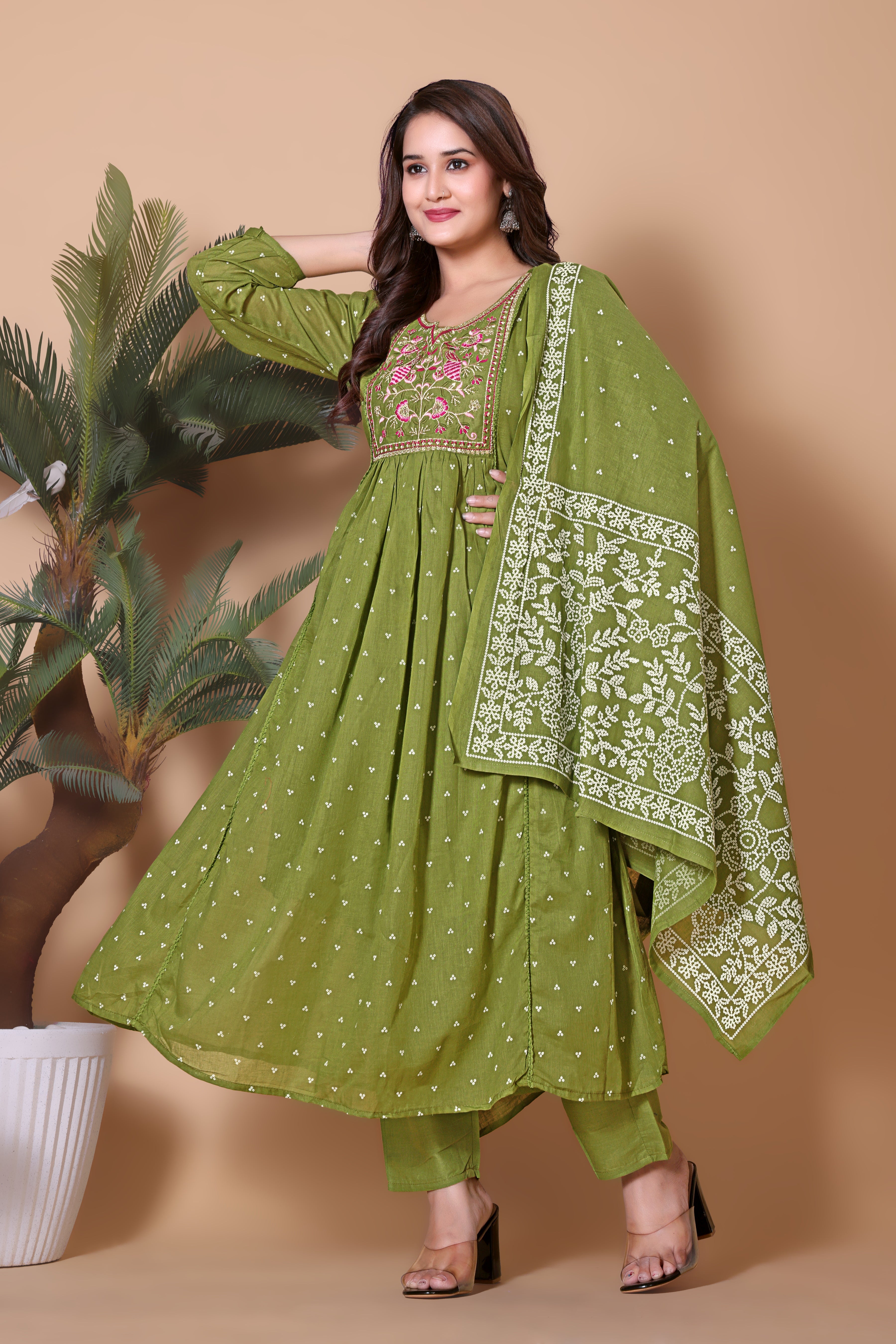Green Thread Work Anarkali Kurta Pant Dupatta Set for Women