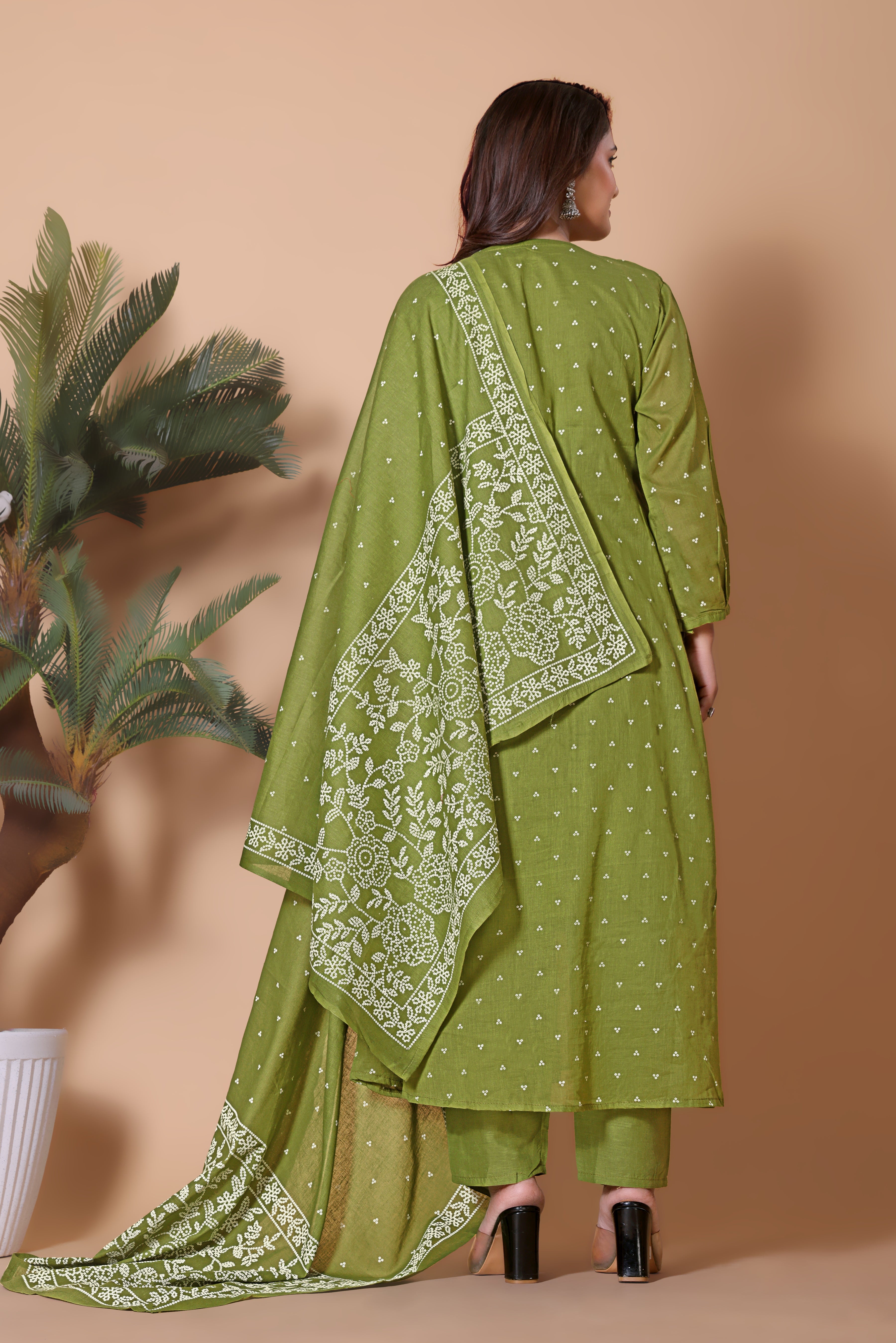 Green Thread Work Anarkali Kurta Pant Dupatta Set for Women
