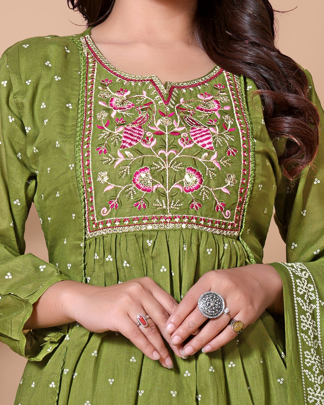 Green Thread Work Anarkali Kurta Pant Dupatta Set for Women