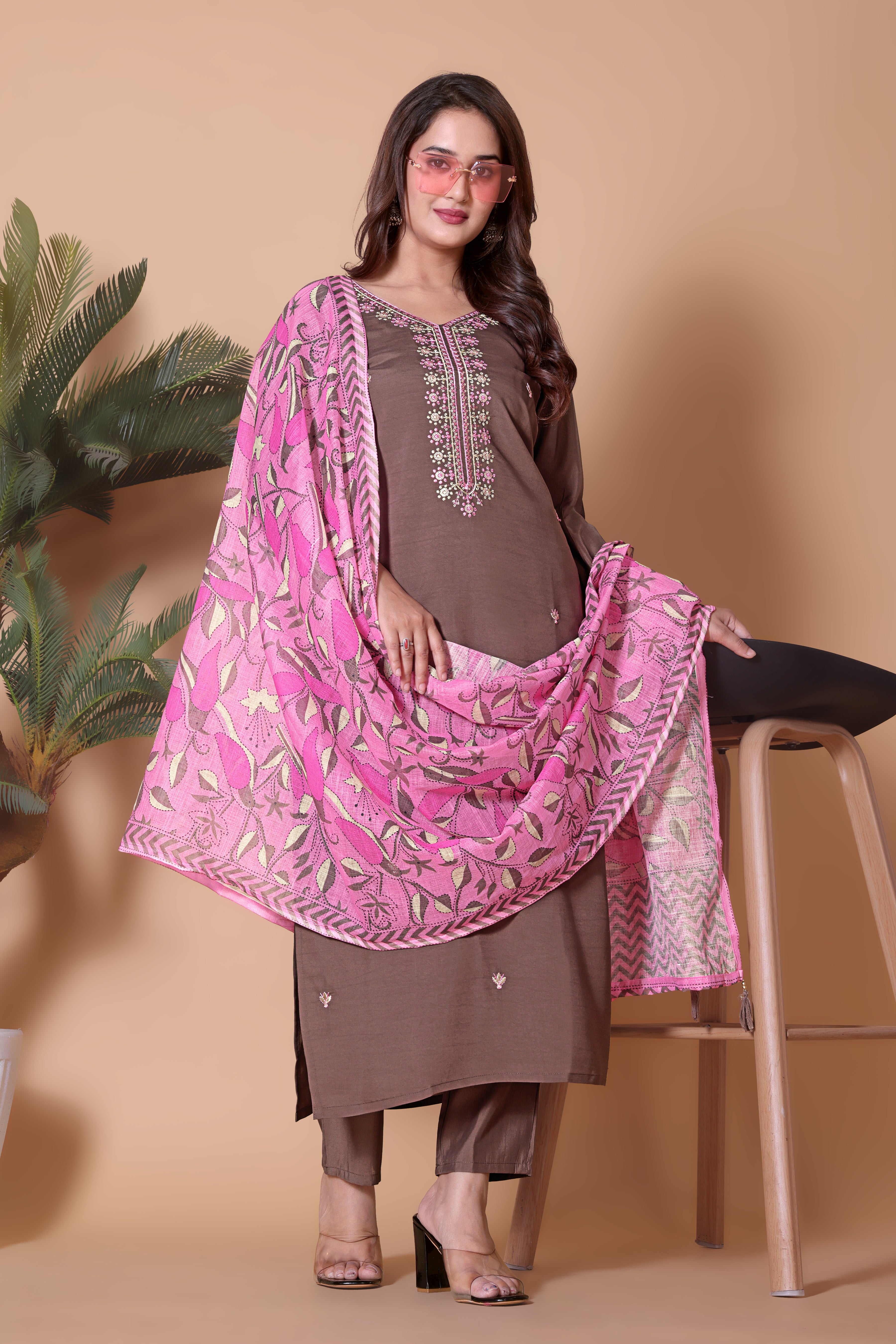 Coffee Brown Embroidered Kurta Suit Set with a Pink Printed Dupatta