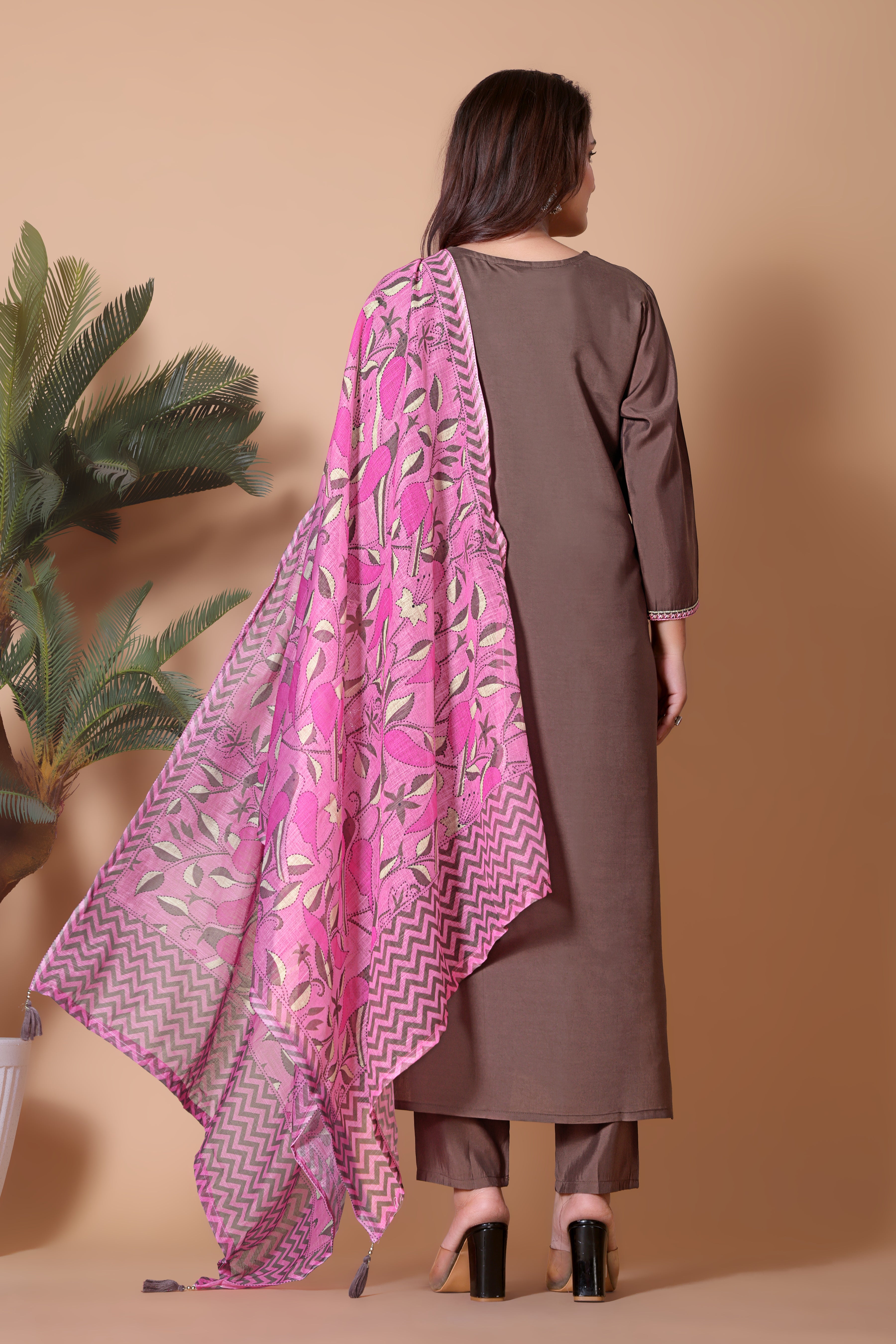 Coffee Brown Embroidered Kurta Suit Set with a Pink Printed Dupatta