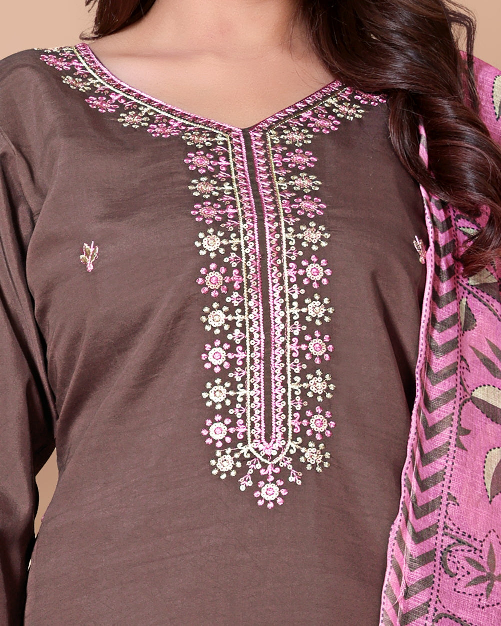 Coffee Brown Embroidered Kurta Suit Set with a Pink Printed Dupatta