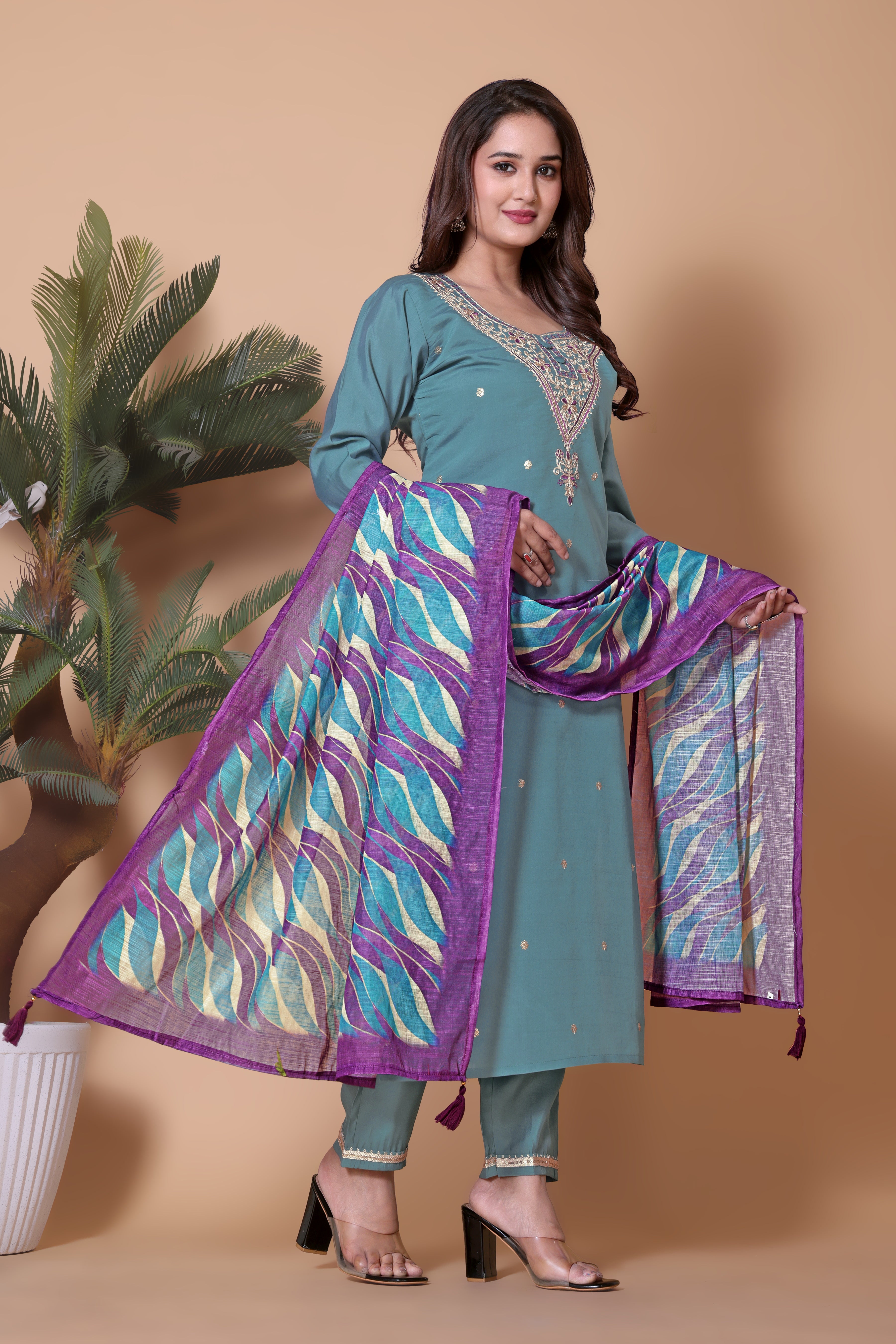 Women's Embroidered Viscose Chanderi Kurta Set with Dupatta
