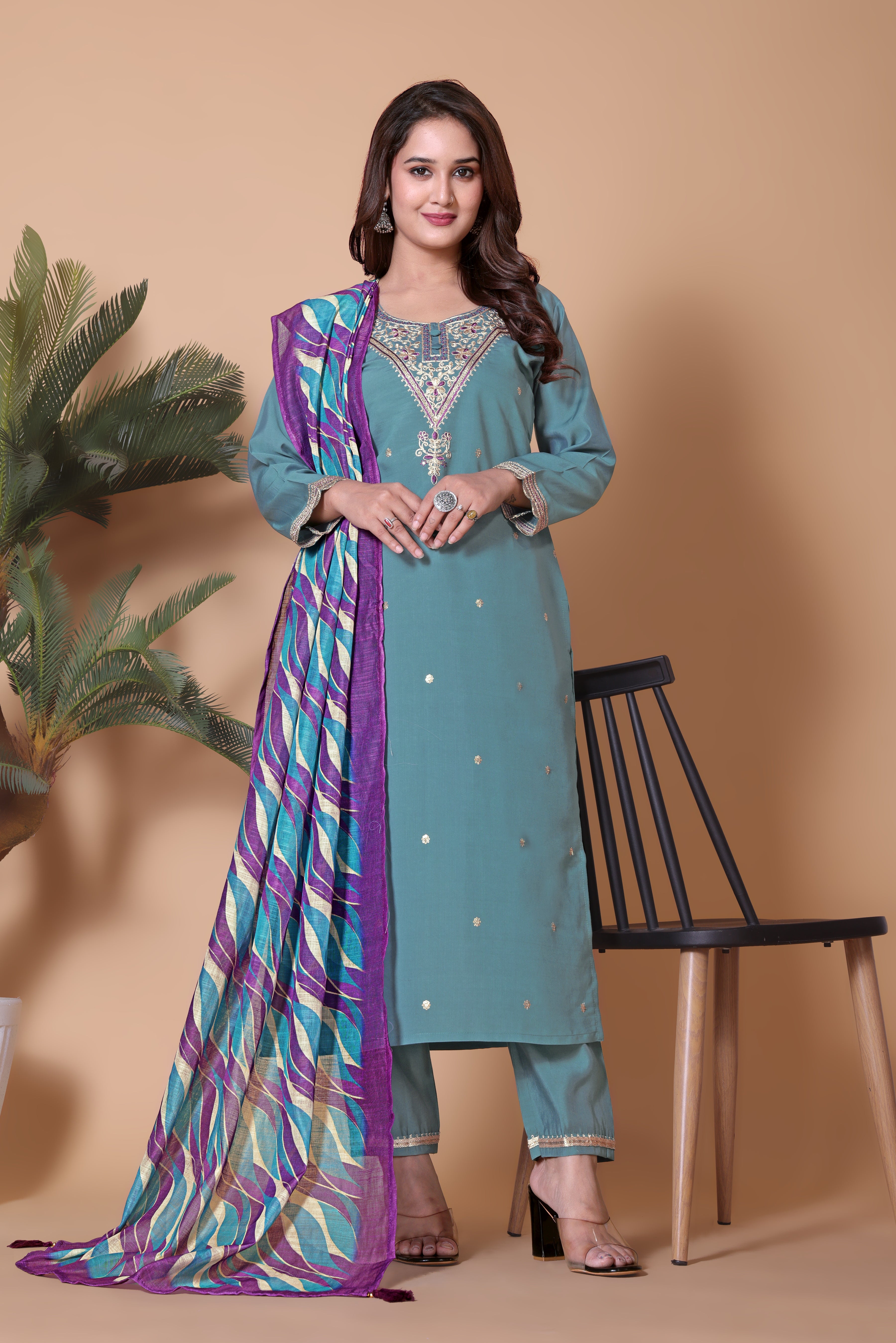 Women's Embroidered Viscose Chanderi Kurta Set with Dupatta