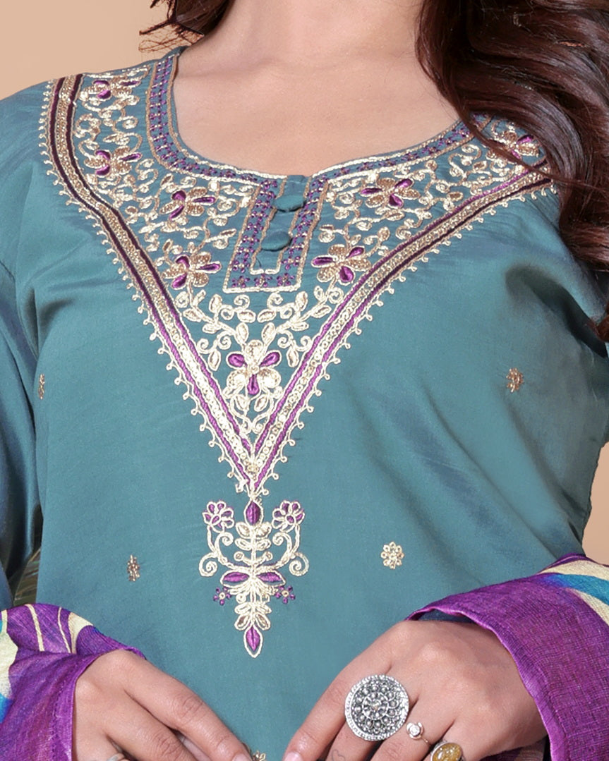 Women's Embroidered Viscose Chanderi Kurta Set with Dupatta