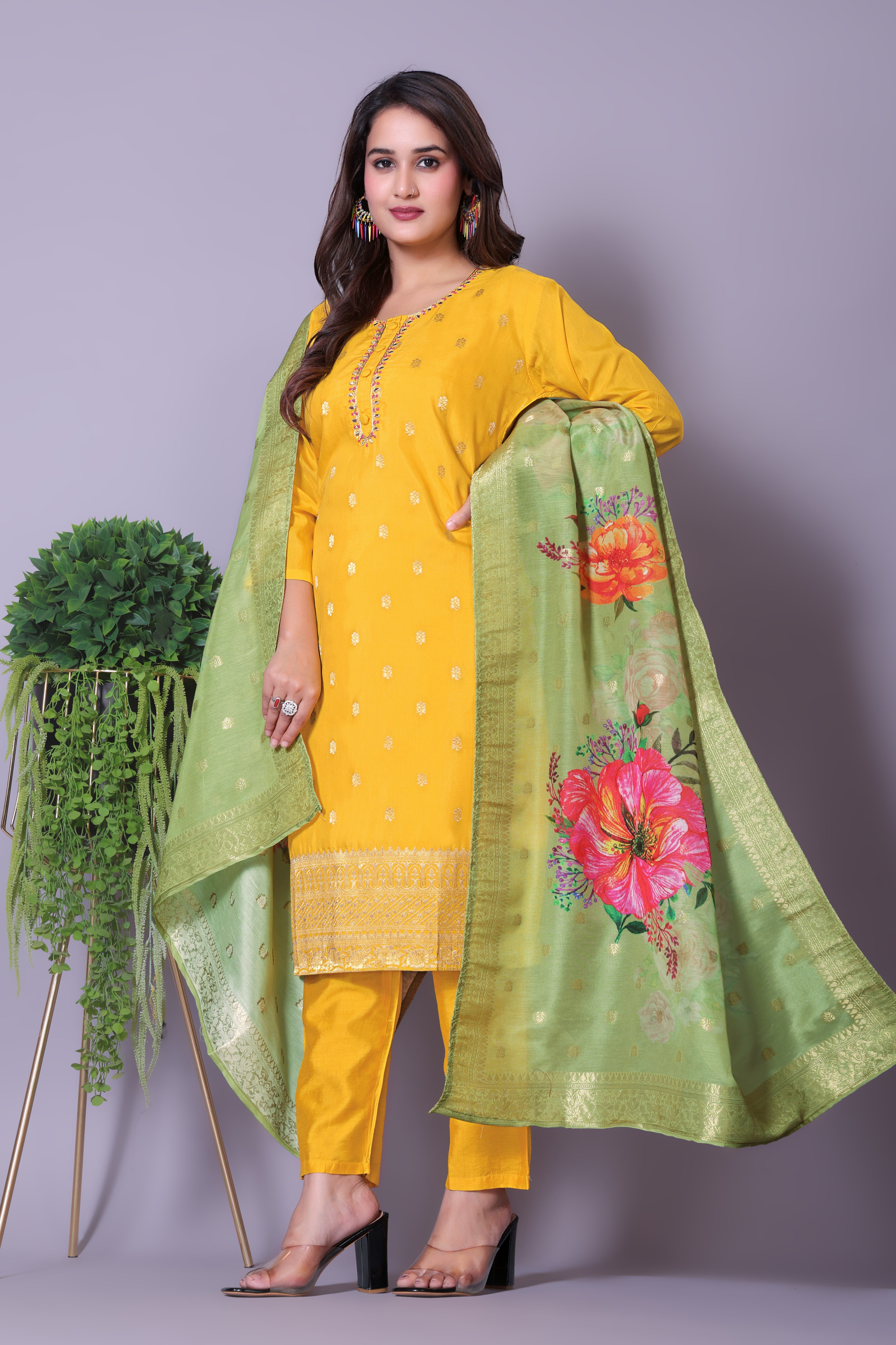 Vibrant Yellow Embroidered Kurta Set with Floral Organza Dupatta & Solid Pants