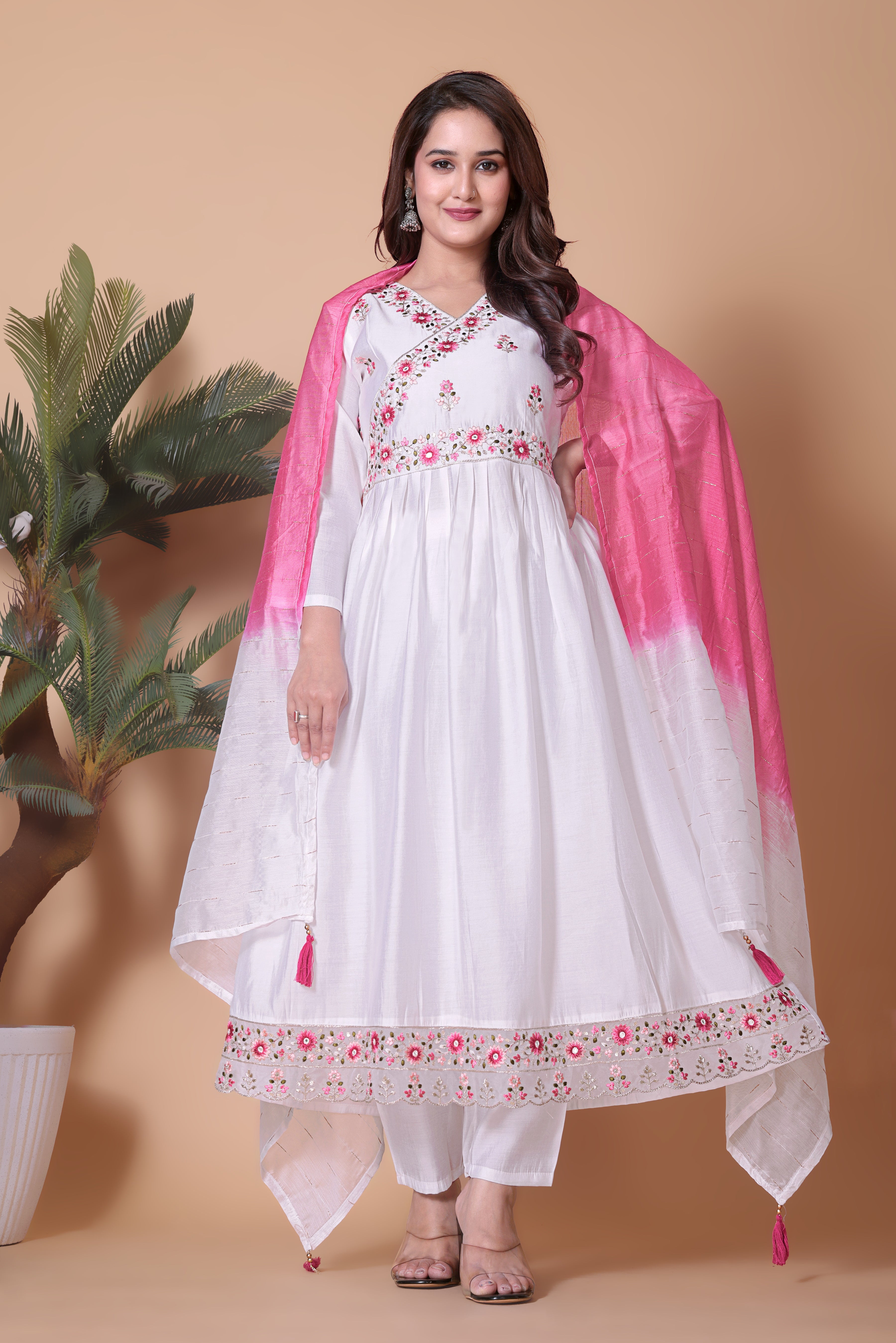 Elegant White Viscose Organza Anarkali Kurta Set with Embroidered Yoke & Pink Ombre Dupatta.