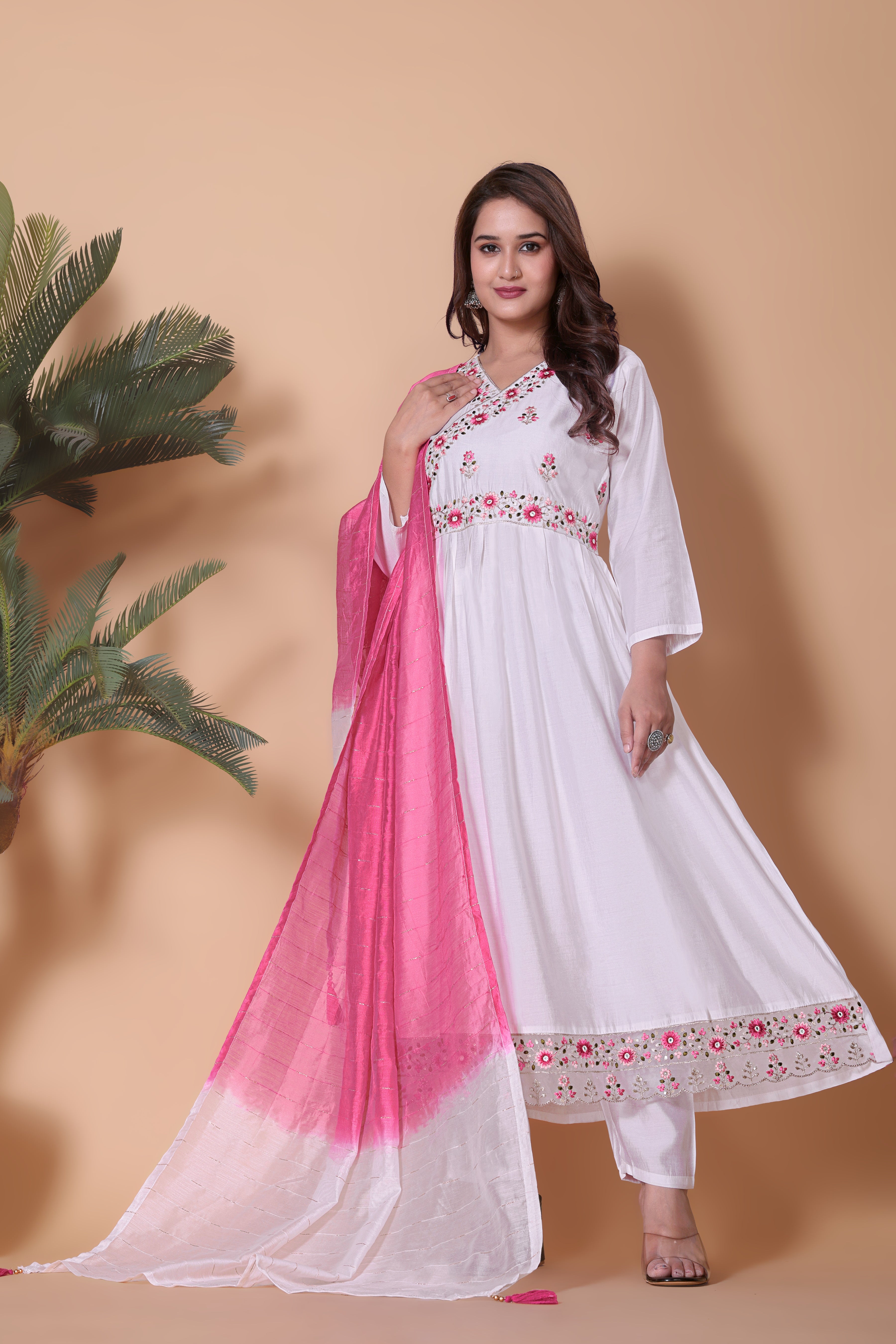 Elegant White Viscose Organza Anarkali Kurta Set with Embroidered Yoke & Pink Ombre Dupatta.