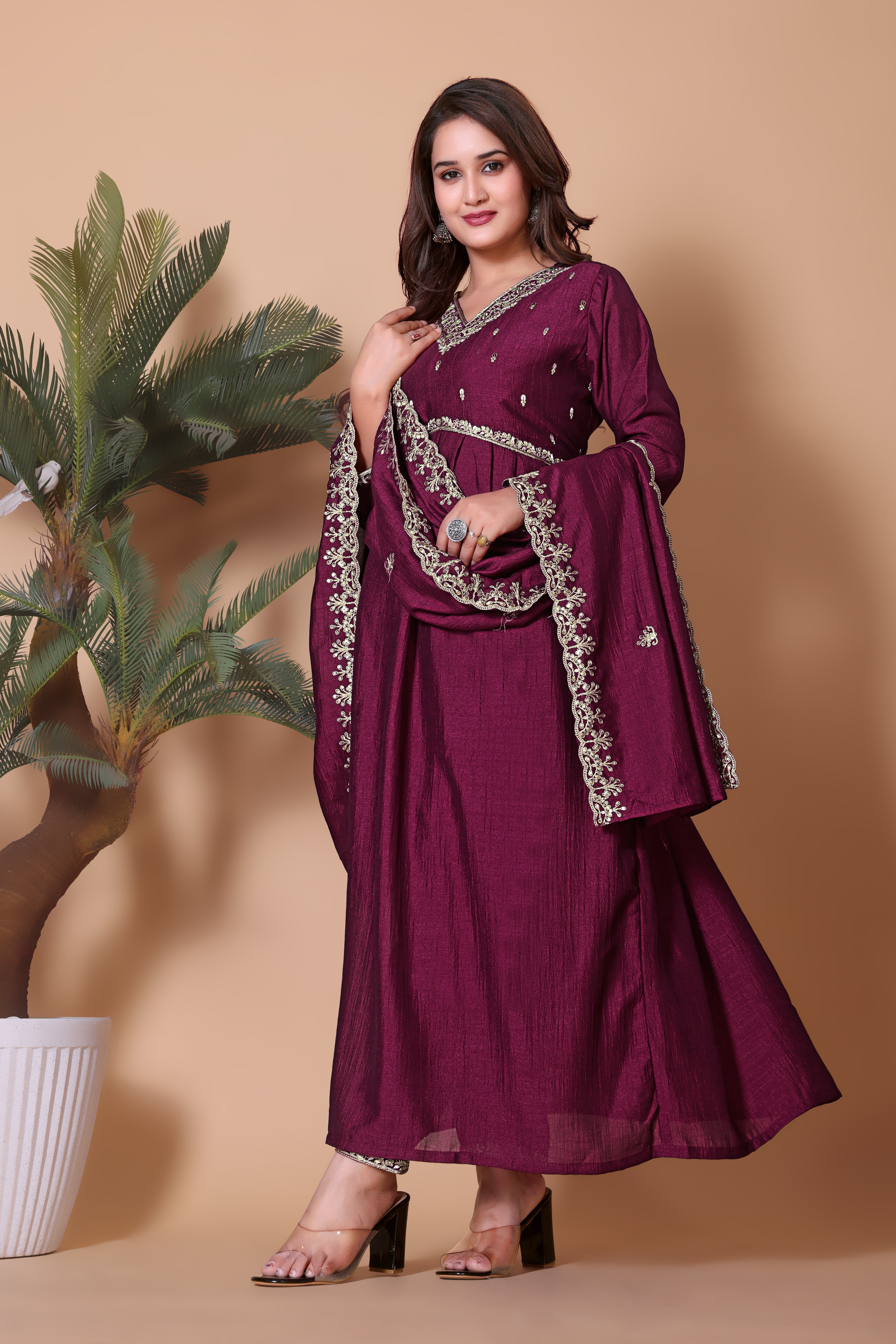 Women's Silk Blend Embroidered Anarkali Suit Set