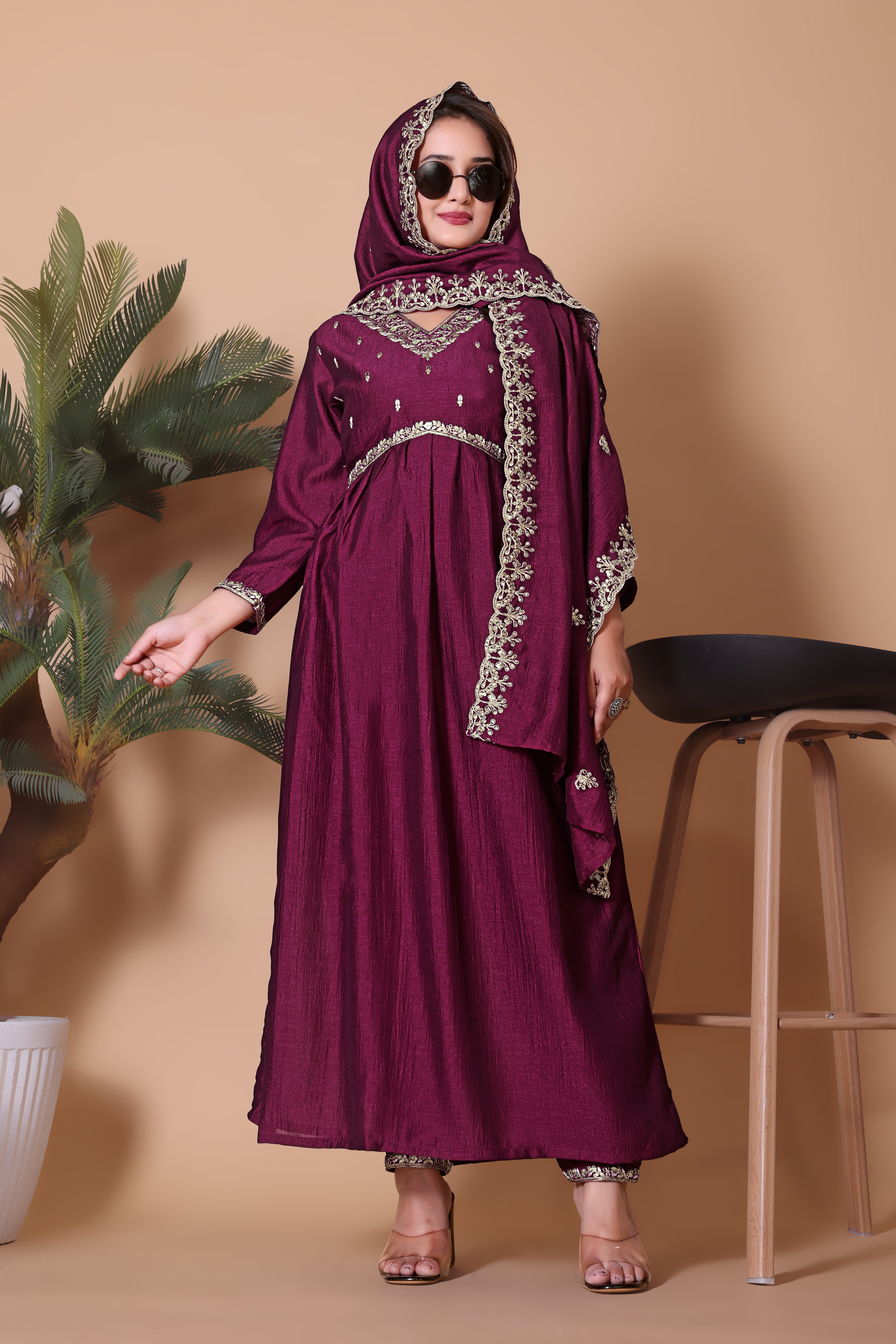 Women's Silk Blend Embroidered Anarkali Suit Set