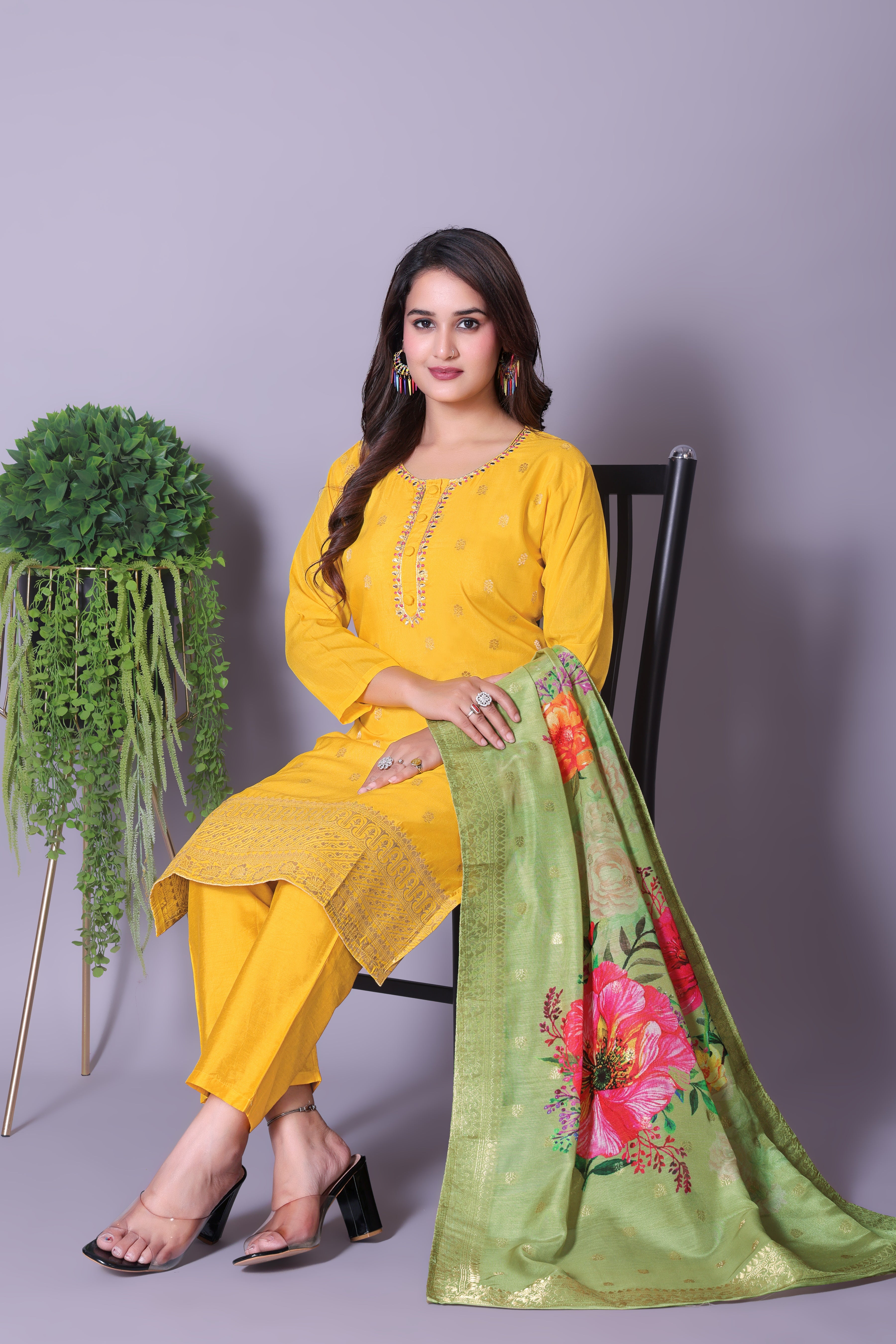 Vibrant Yellow Embroidered Kurta Set with Floral Organza Dupatta & Solid Pants