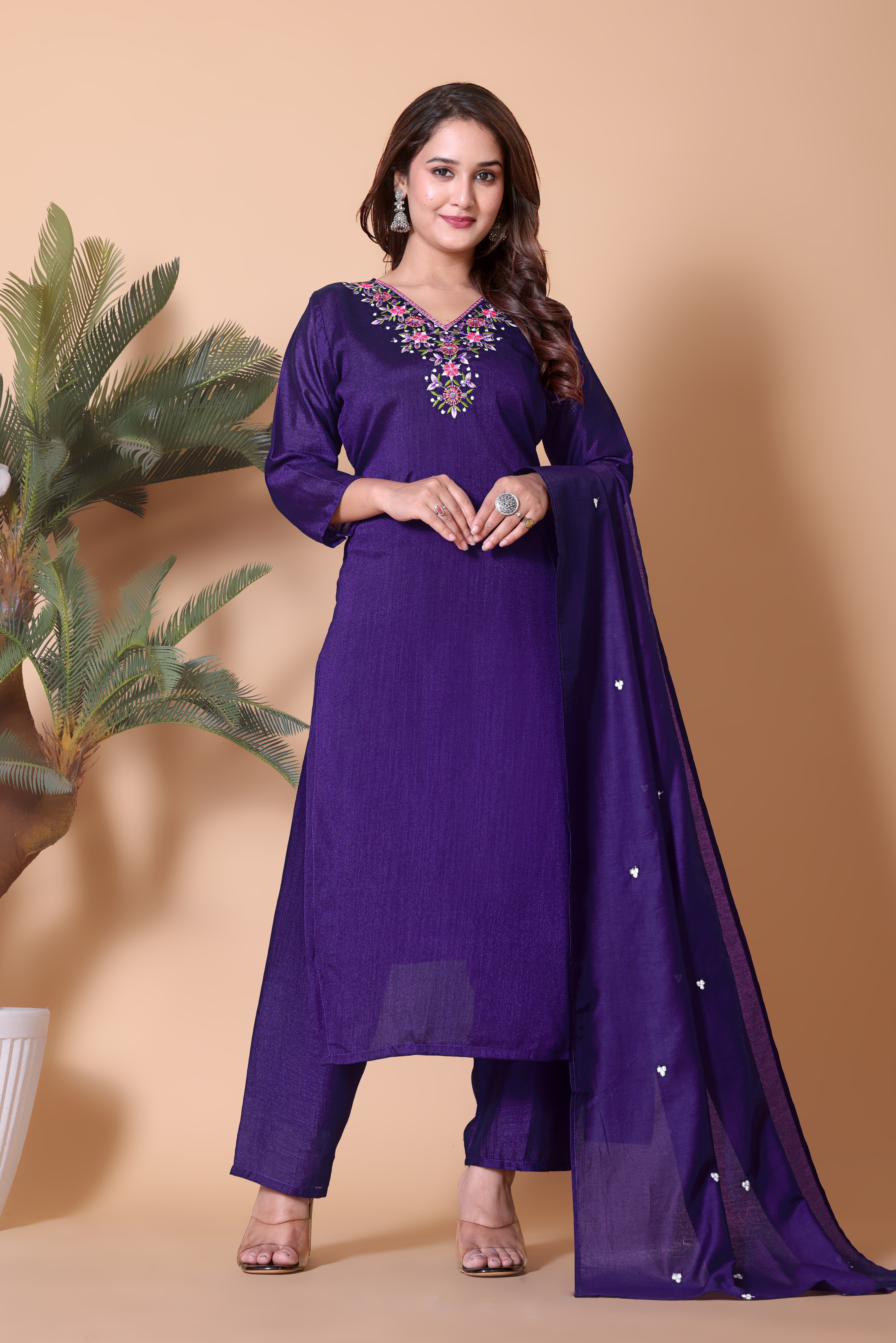 Women's Royal Purple Kurta Pant Dupatta Set with Zari Embroidery