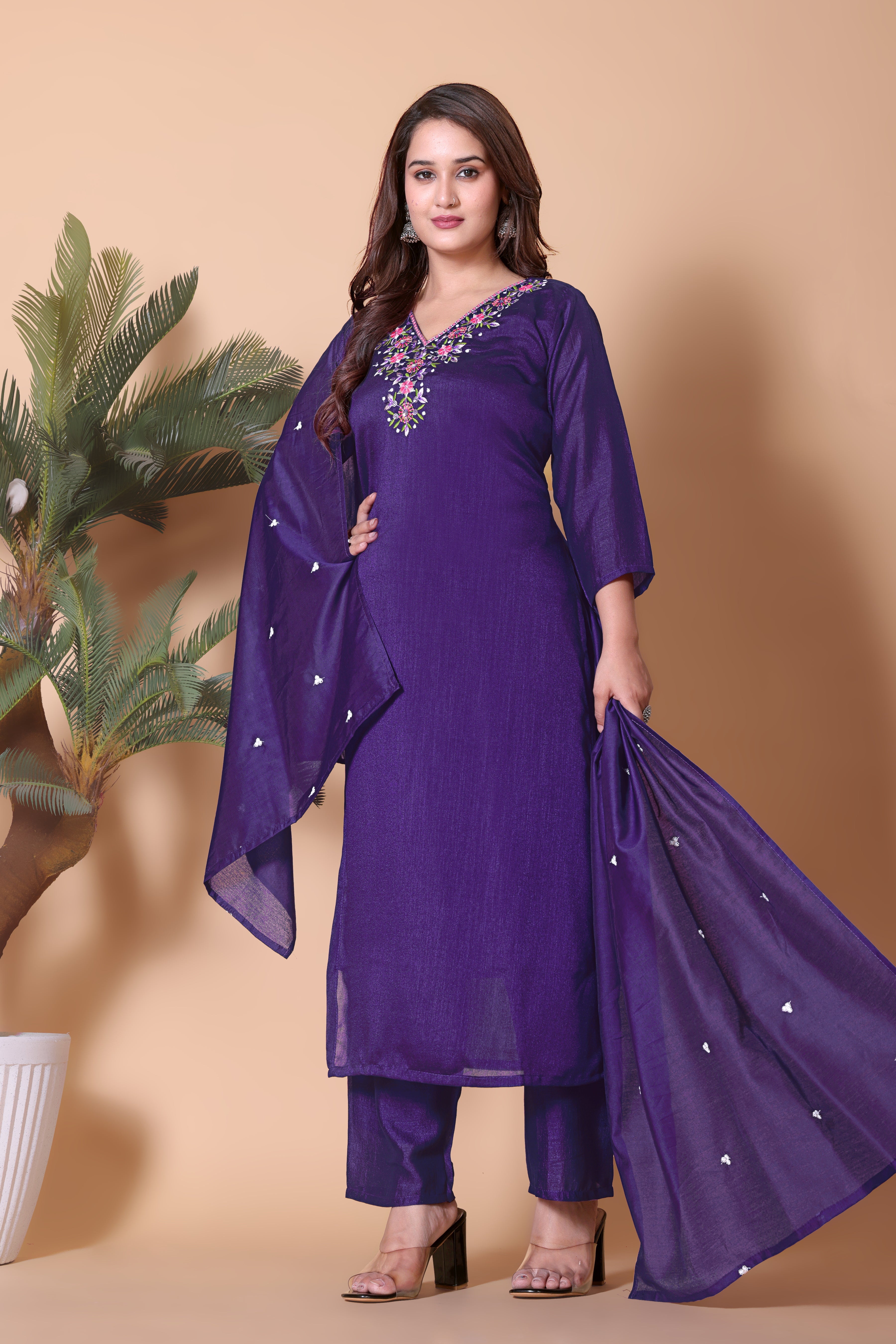 Women's Royal Purple Kurta Pant Dupatta Set with Zari Embroidery
