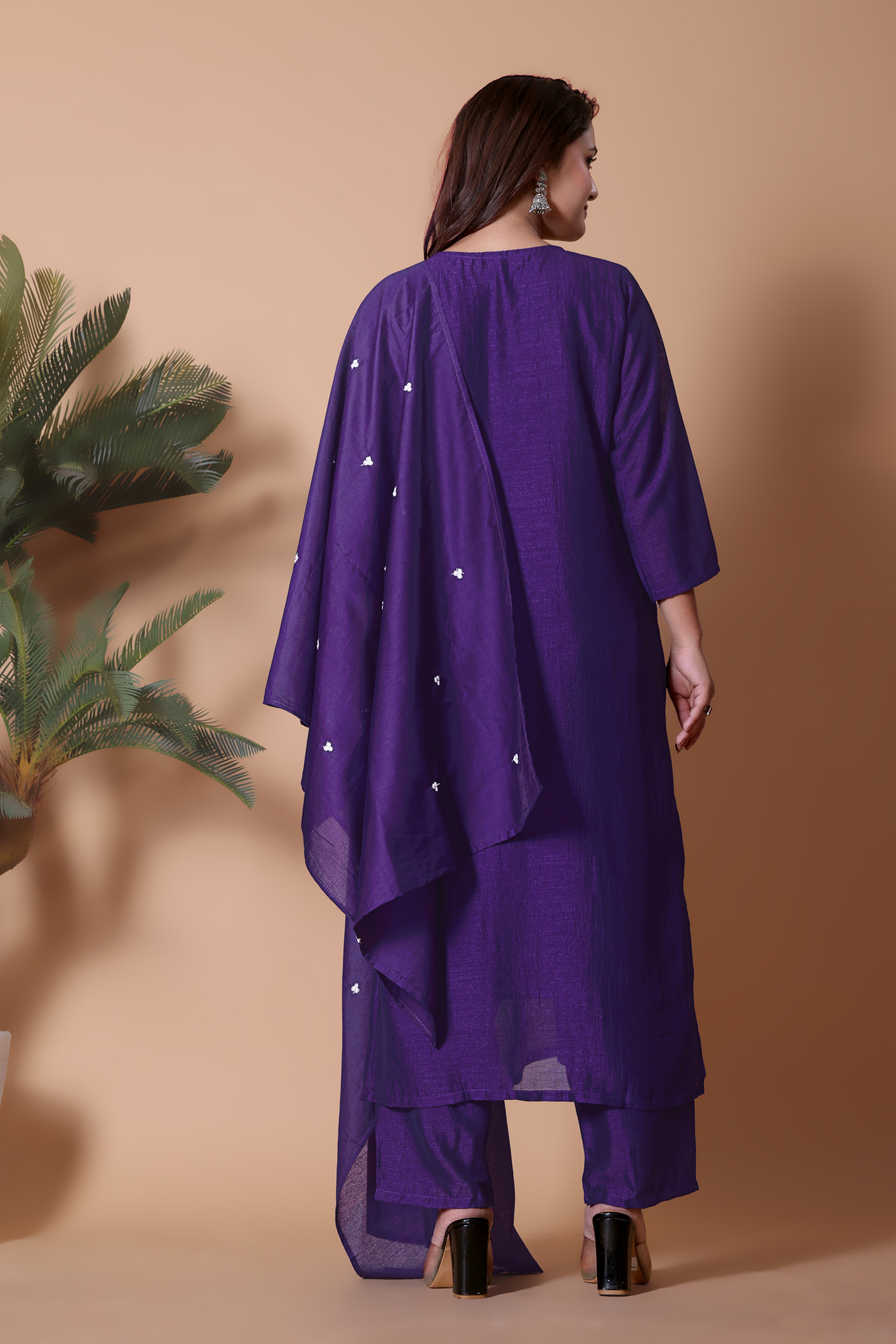 Women's Royal Purple Kurta Pant Dupatta Set with Zari Embroidery