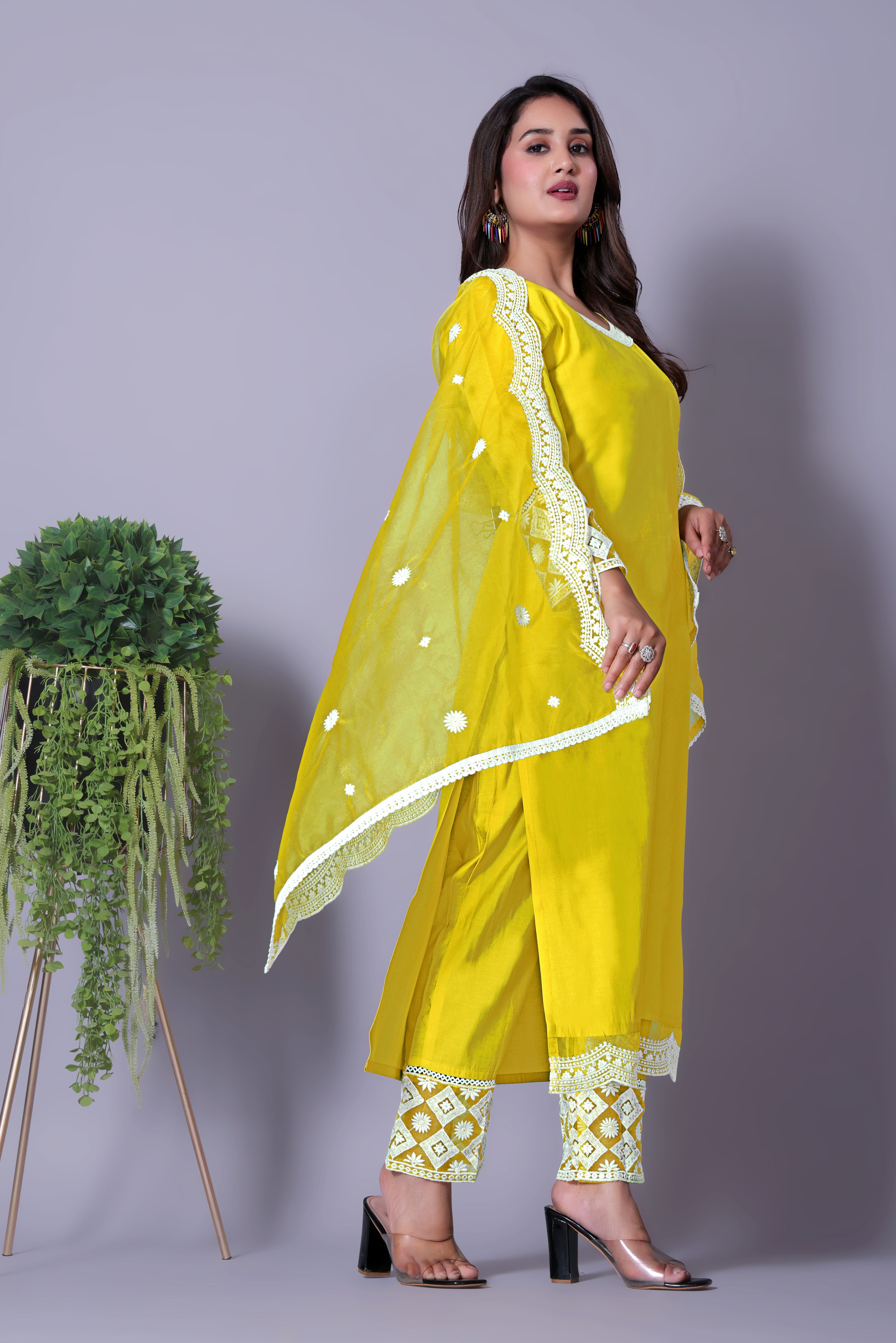 Women's Festive Yellow Kurta Set with Intricate Embroidery and Organza Dupatta