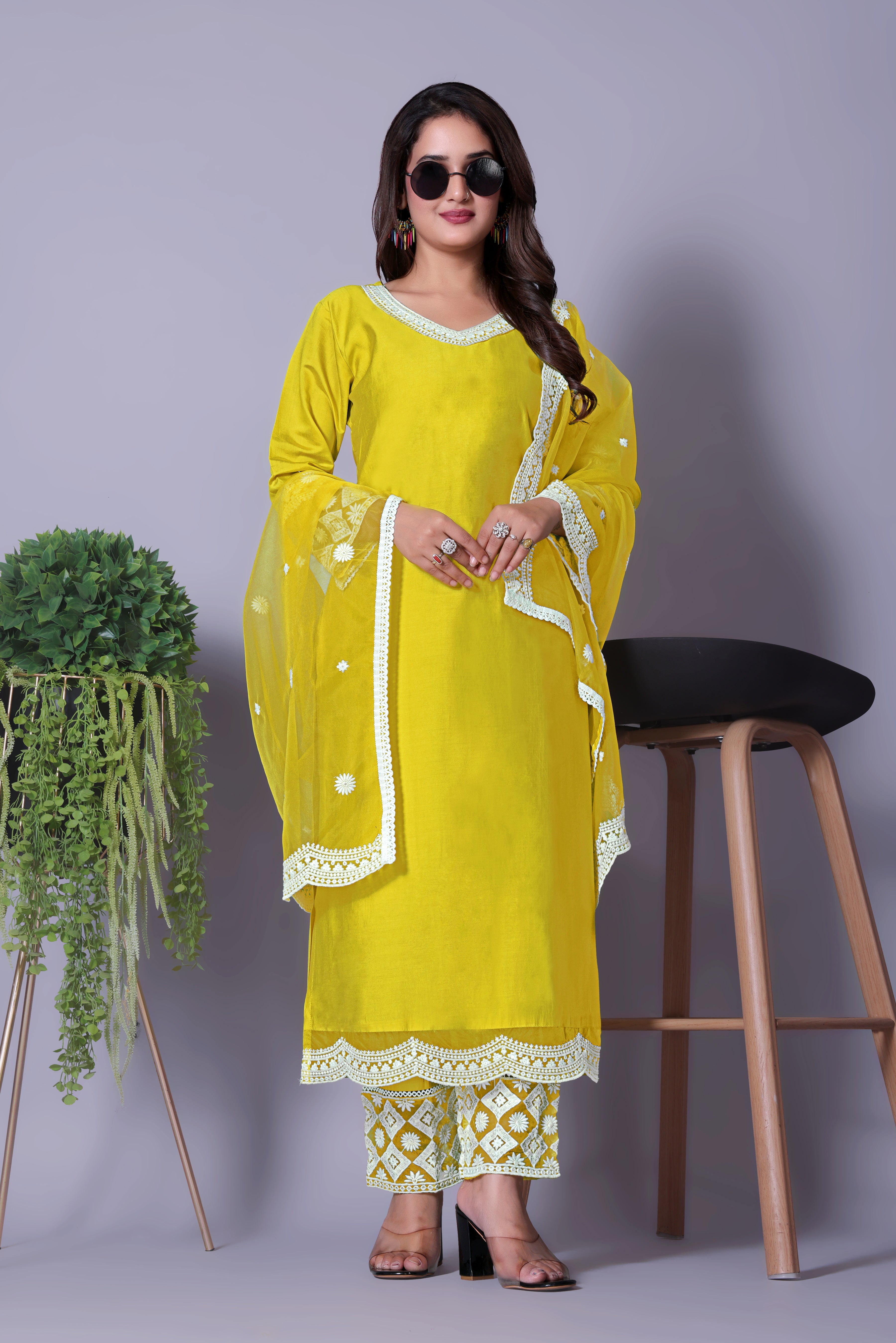 Women's Festive Yellow Kurta Set with Intricate Embroidery and Organza Dupatta