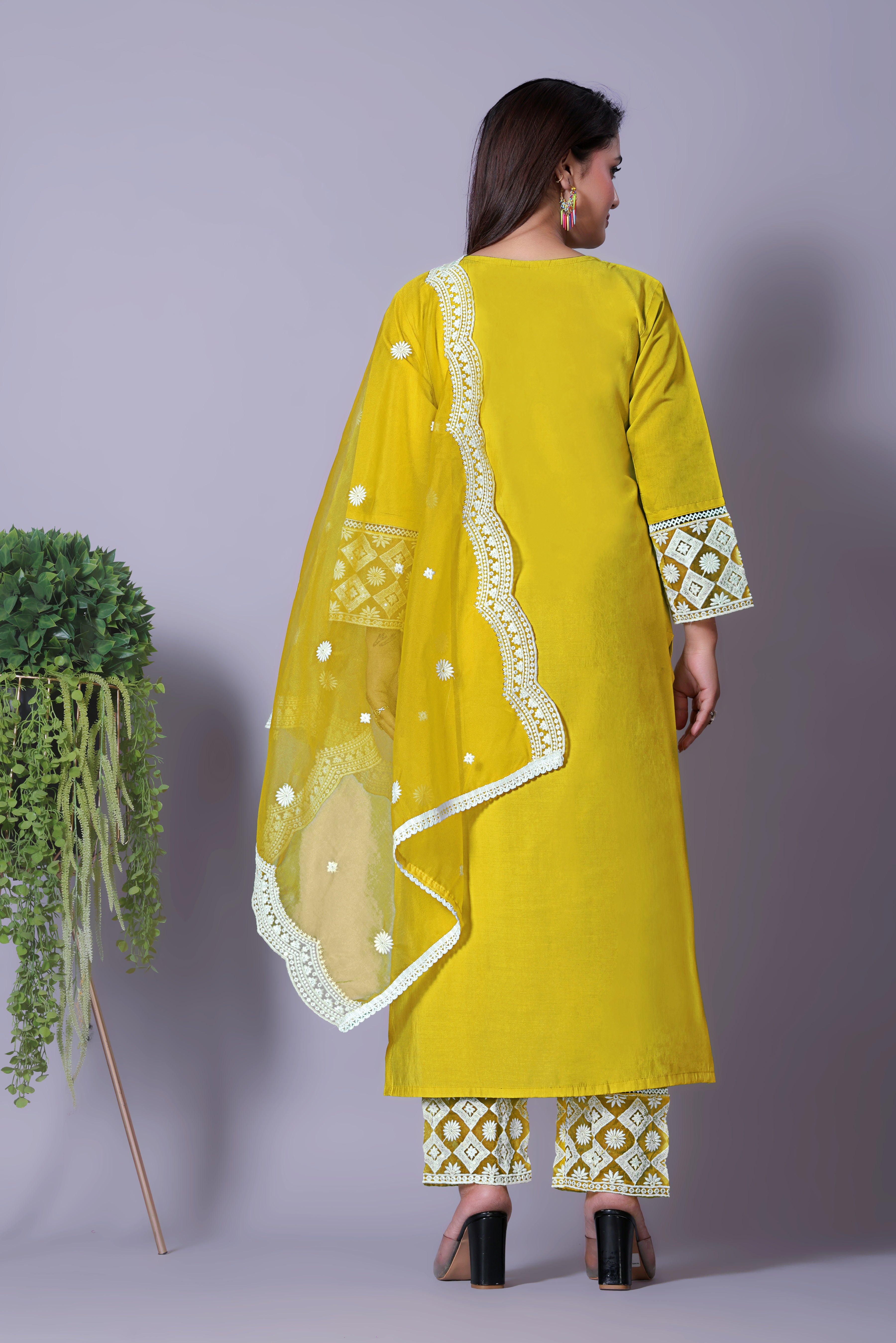 Women's Festive Yellow Kurta Set with Intricate Embroidery and Organza Dupatta