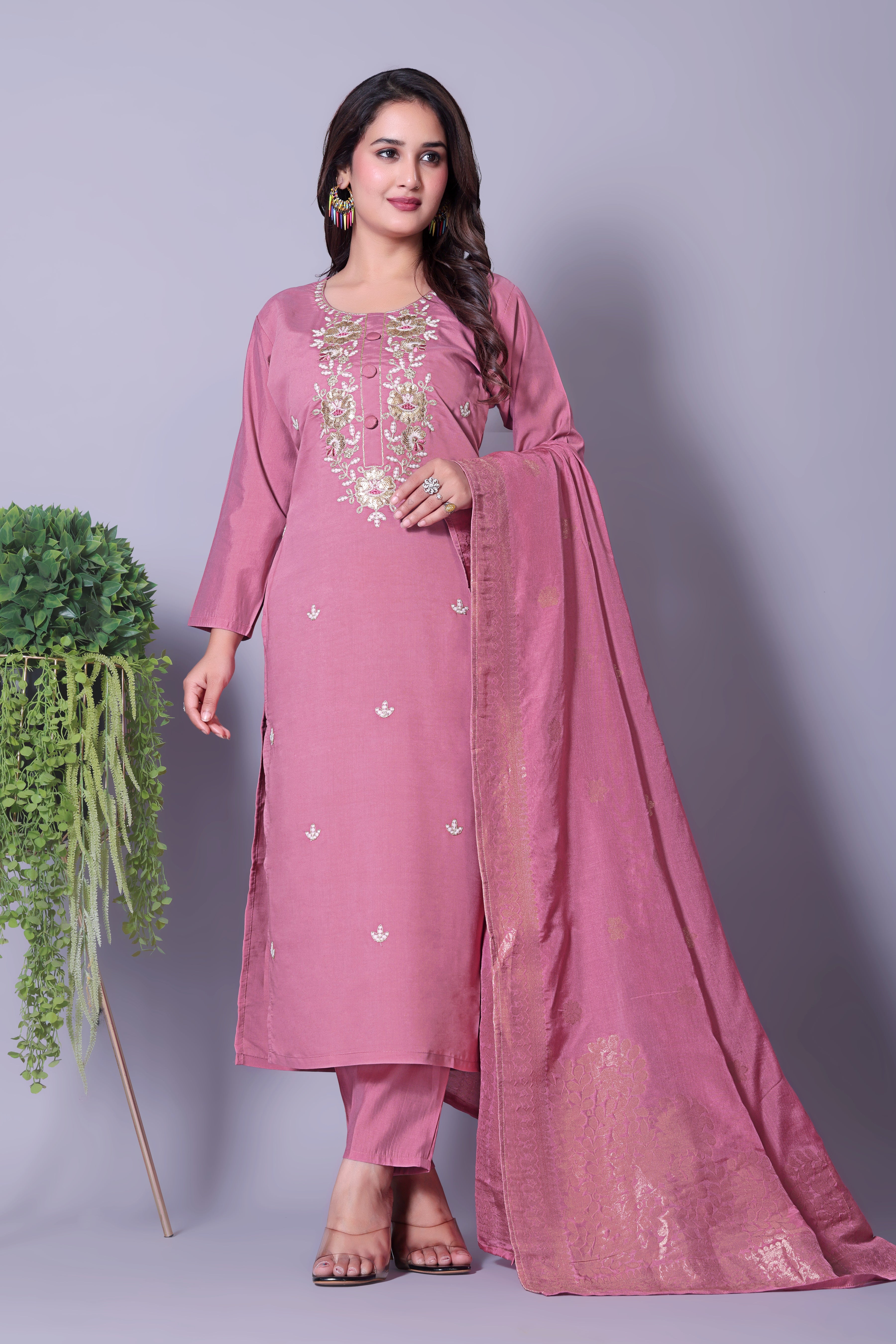 Designer Pink Salwar Suit with Intricate Embroidery & Jacquard Dupatta