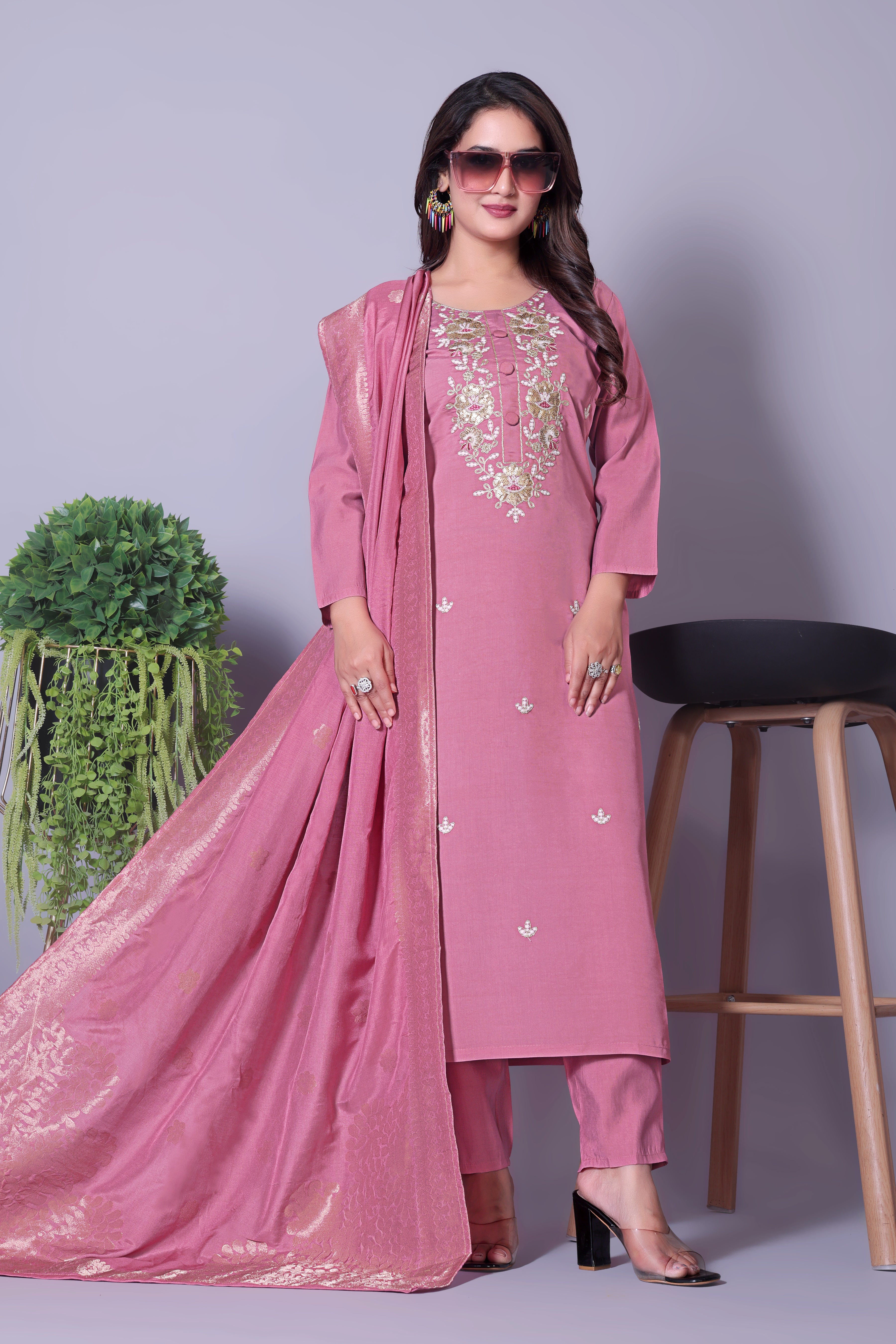 Designer Pink Salwar Suit with Intricate Embroidery & Jacquard Dupatta