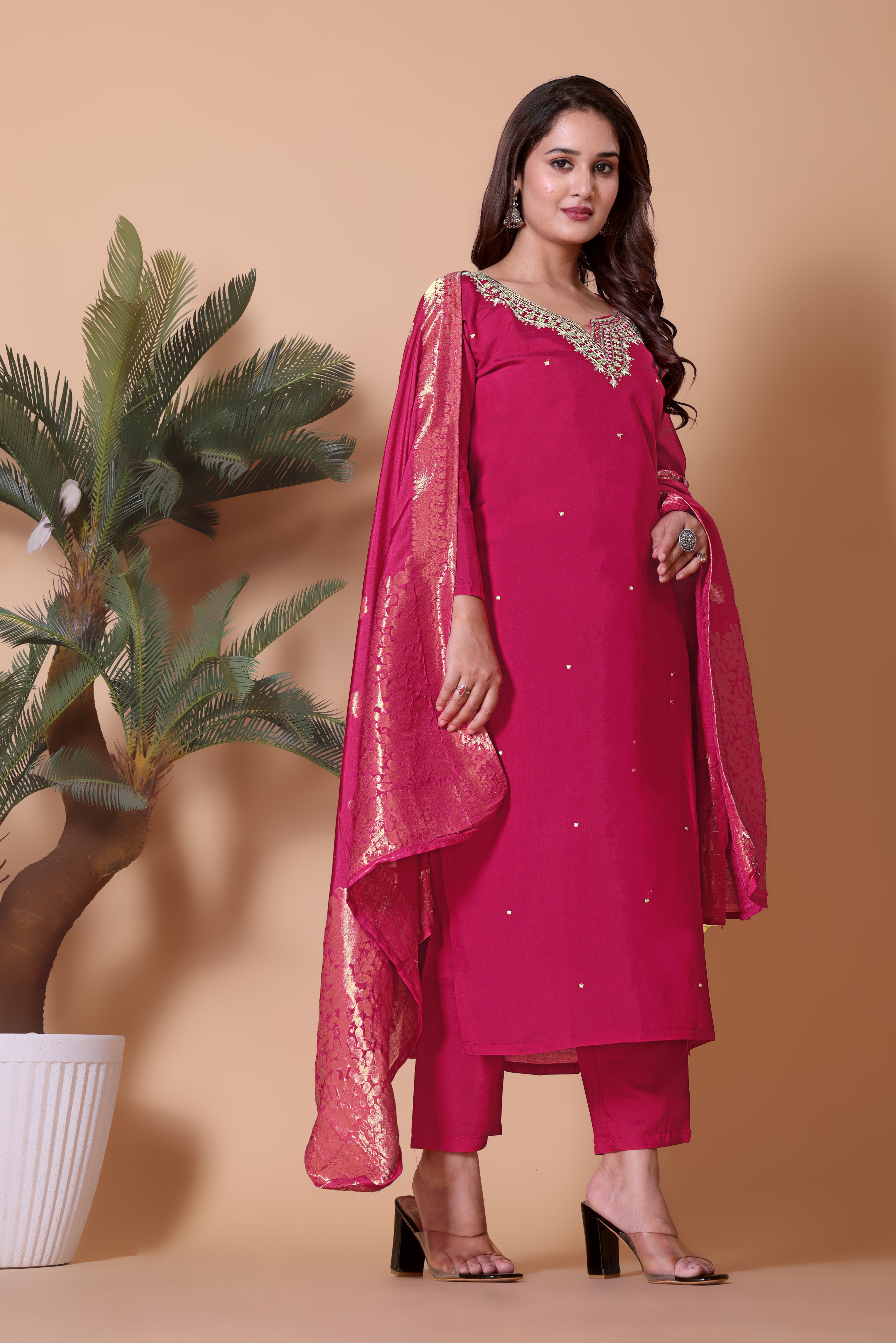 Festive Rani Pink Embroidered Kurta with Viscose Chanderi Pant and Matching Dupatta.