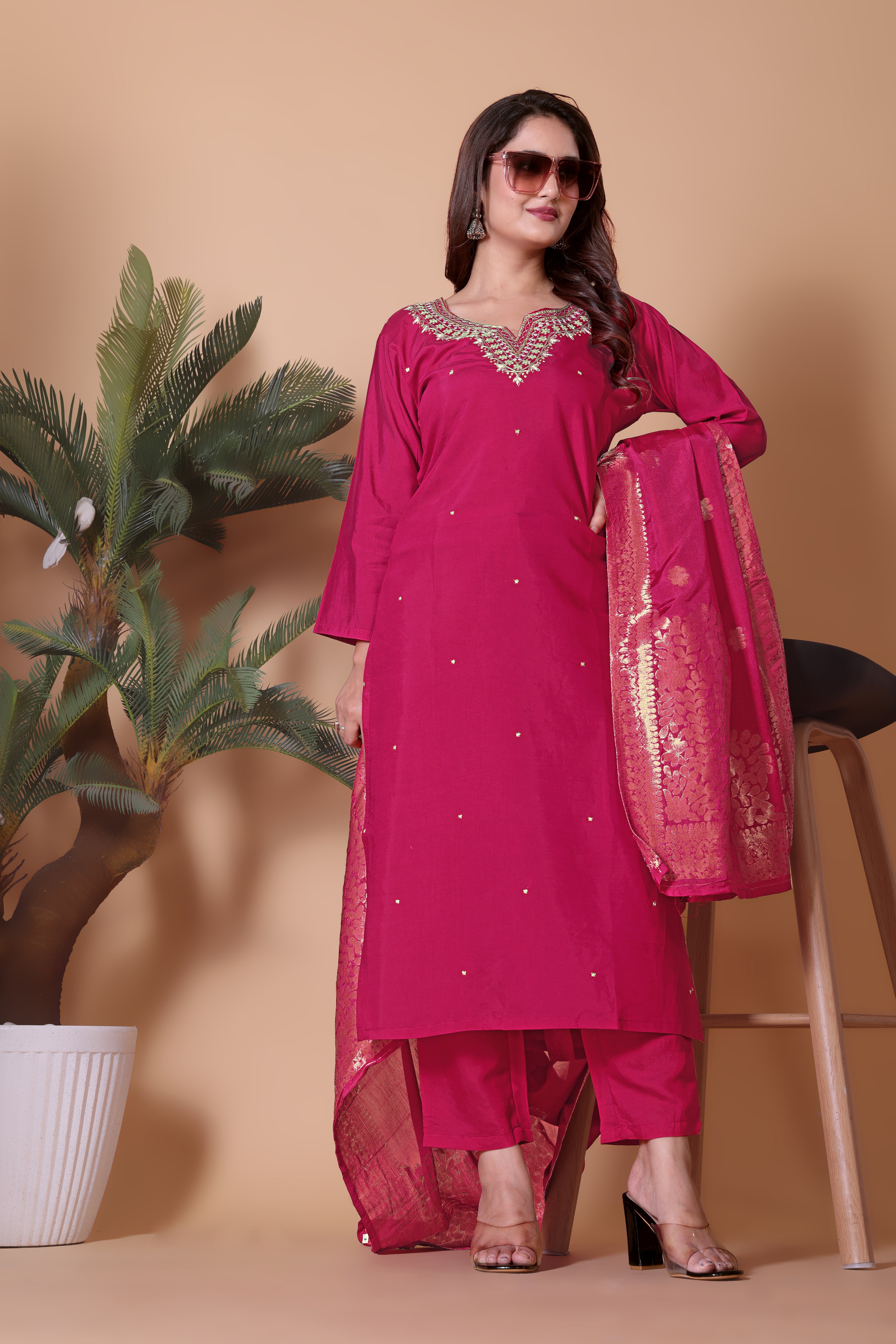 Festive Rani Pink Embroidered Kurta with Viscose Chanderi Pant and Matching Dupatta.