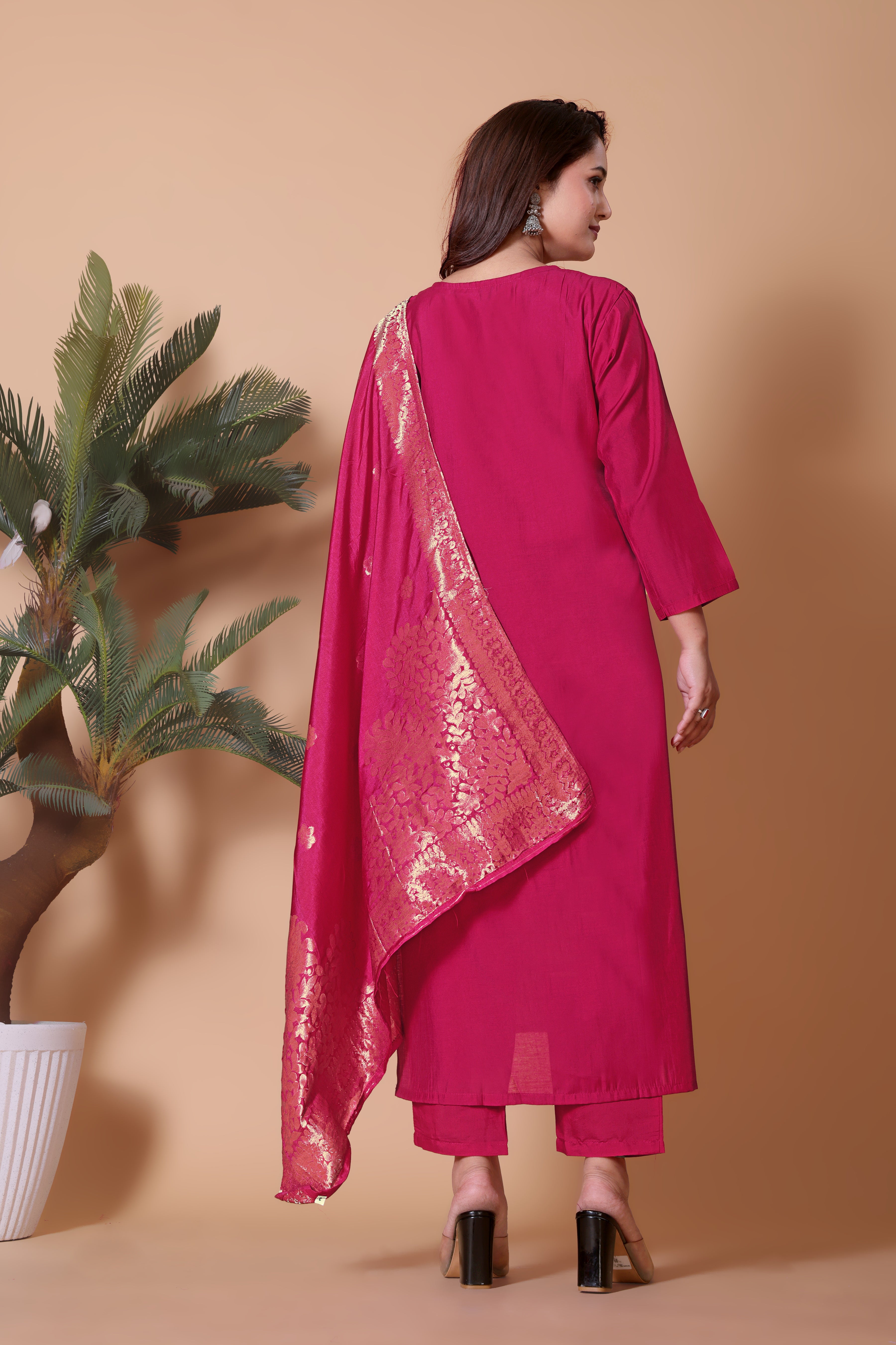 Festive Rani Pink Embroidered Kurta with Viscose Chanderi Pant and Matching Dupatta.