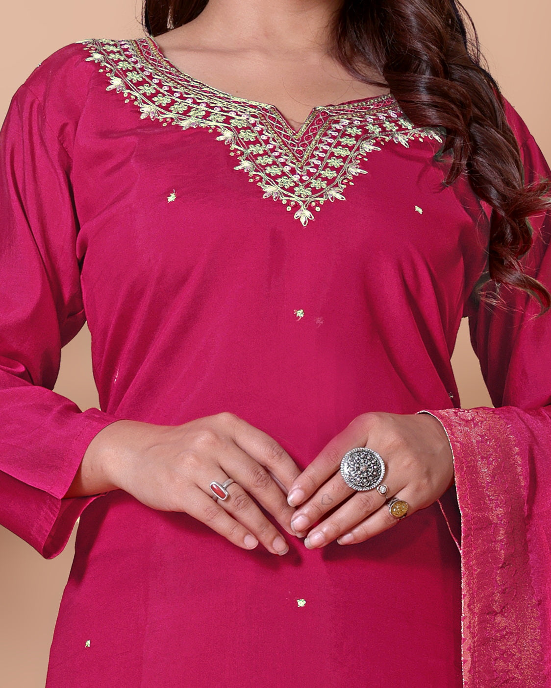 Festive Rani Pink Embroidered Kurta with Viscose Chanderi Pant and Matching Dupatta.