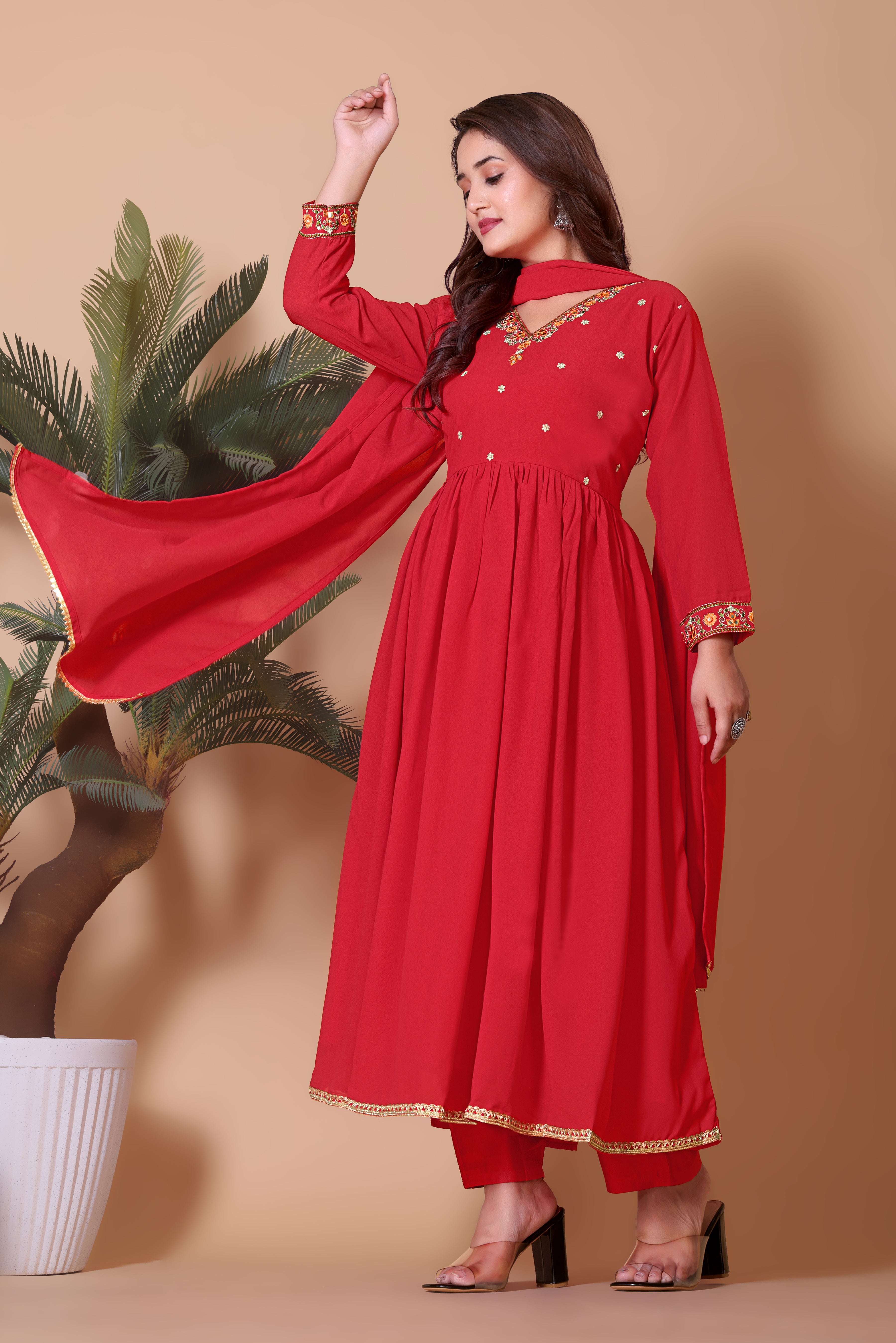 Women's Embroidered Red Kurta Set with Dupatta and Pants