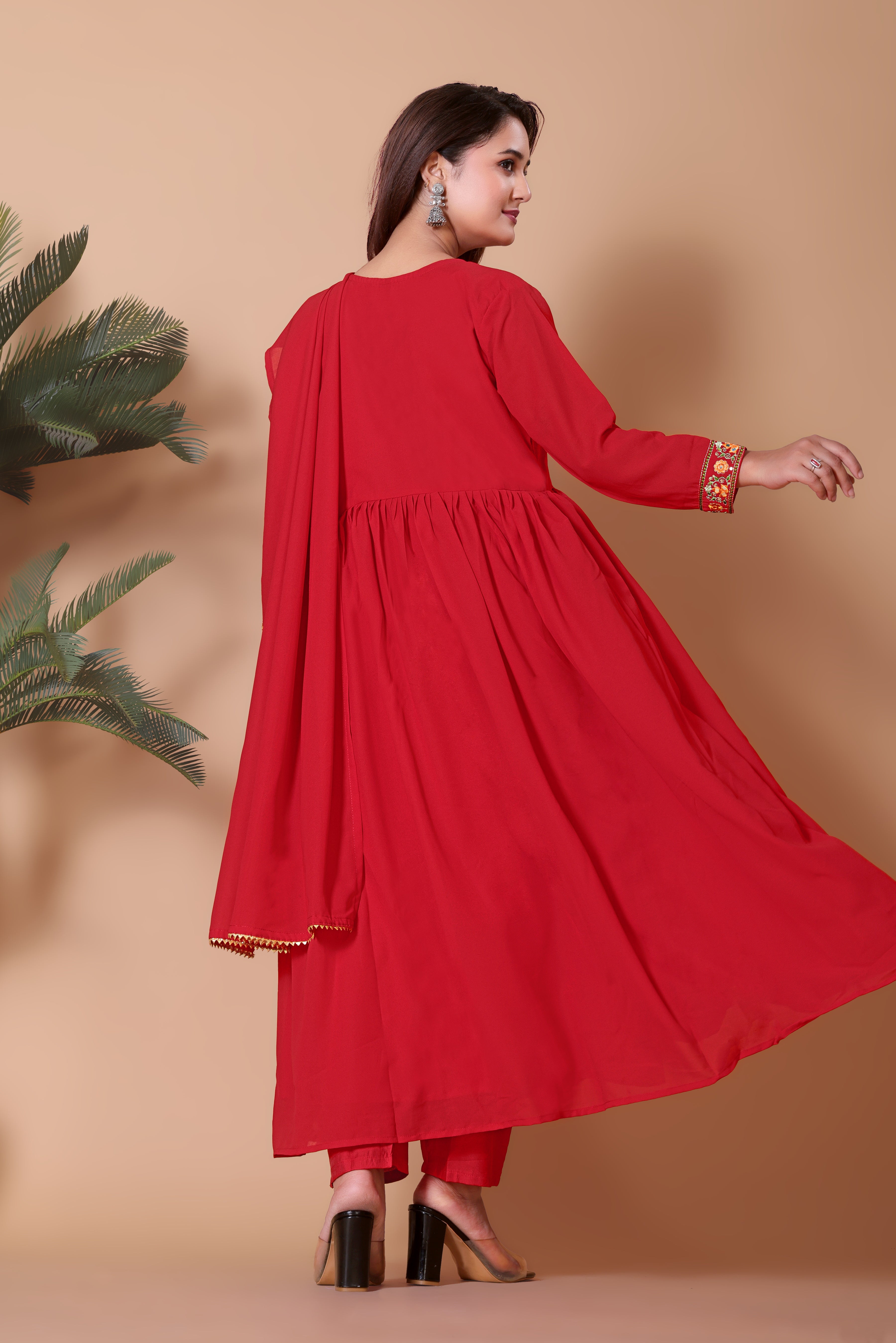 Women's Embroidered Red Kurta Set with Dupatta and Pants