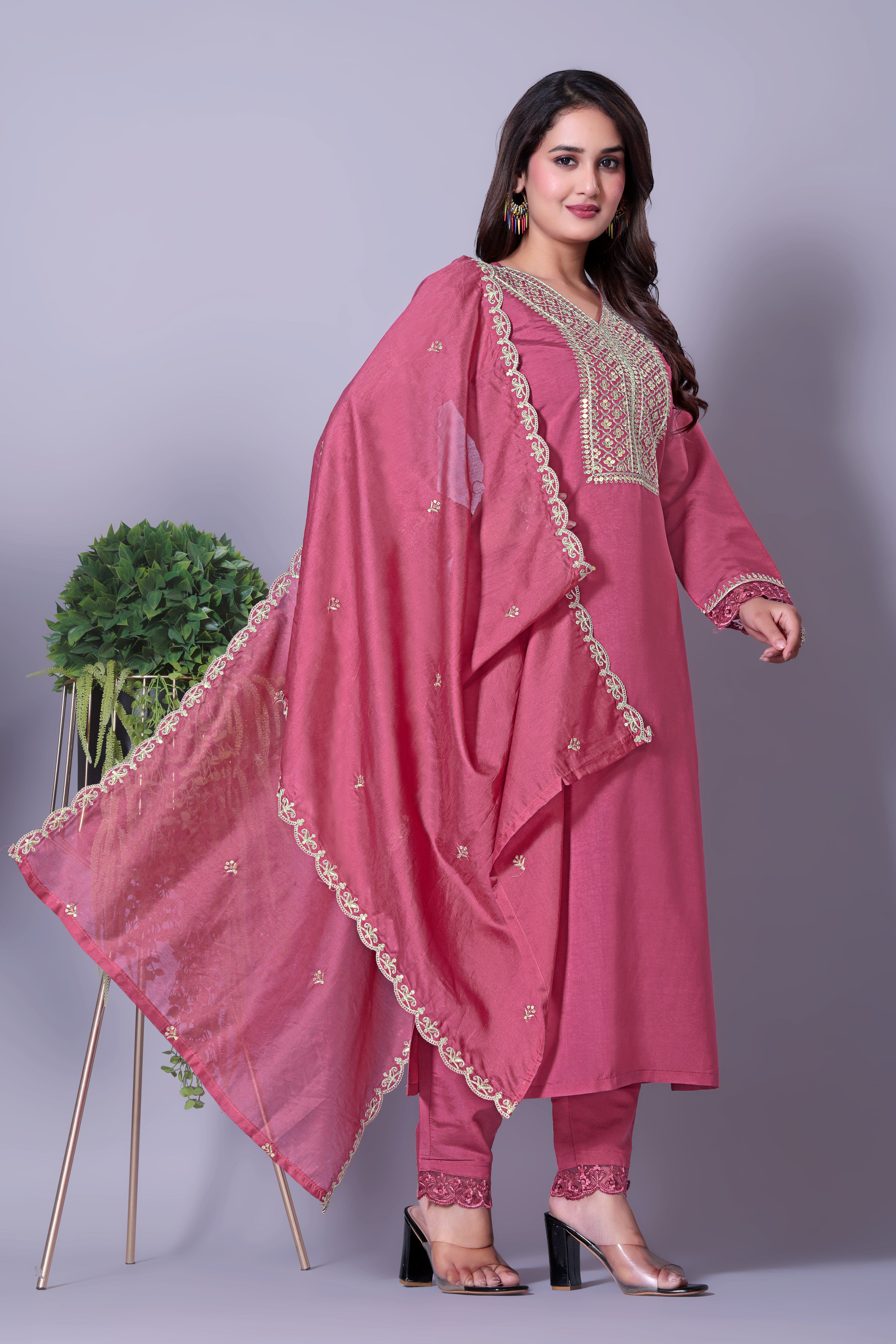 Festive Pink Silk Blend Kurti Set with Zari & Sequence Embroidery