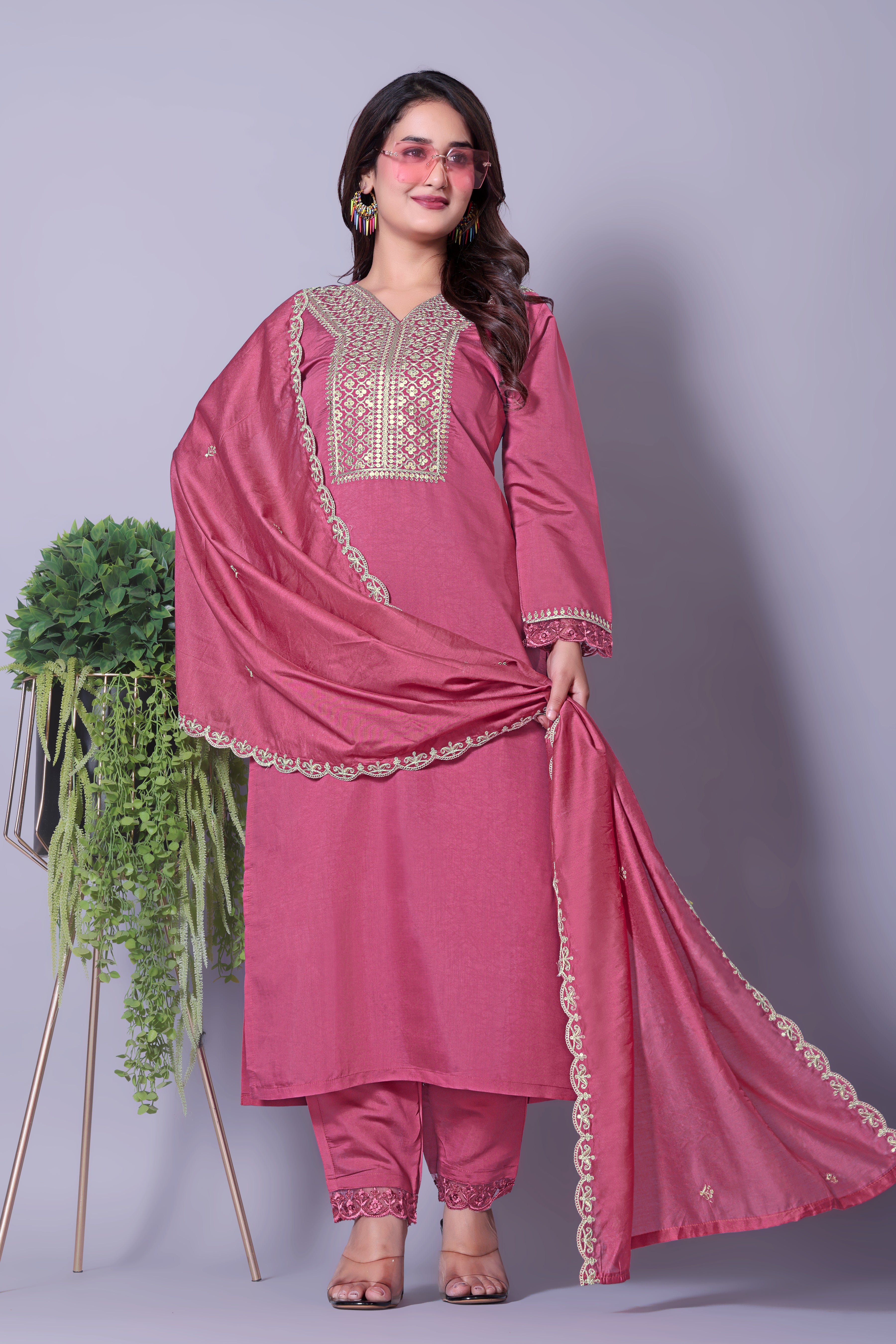 Festive Pink Silk Blend Kurti Set with Zari & Sequence Embroidery
