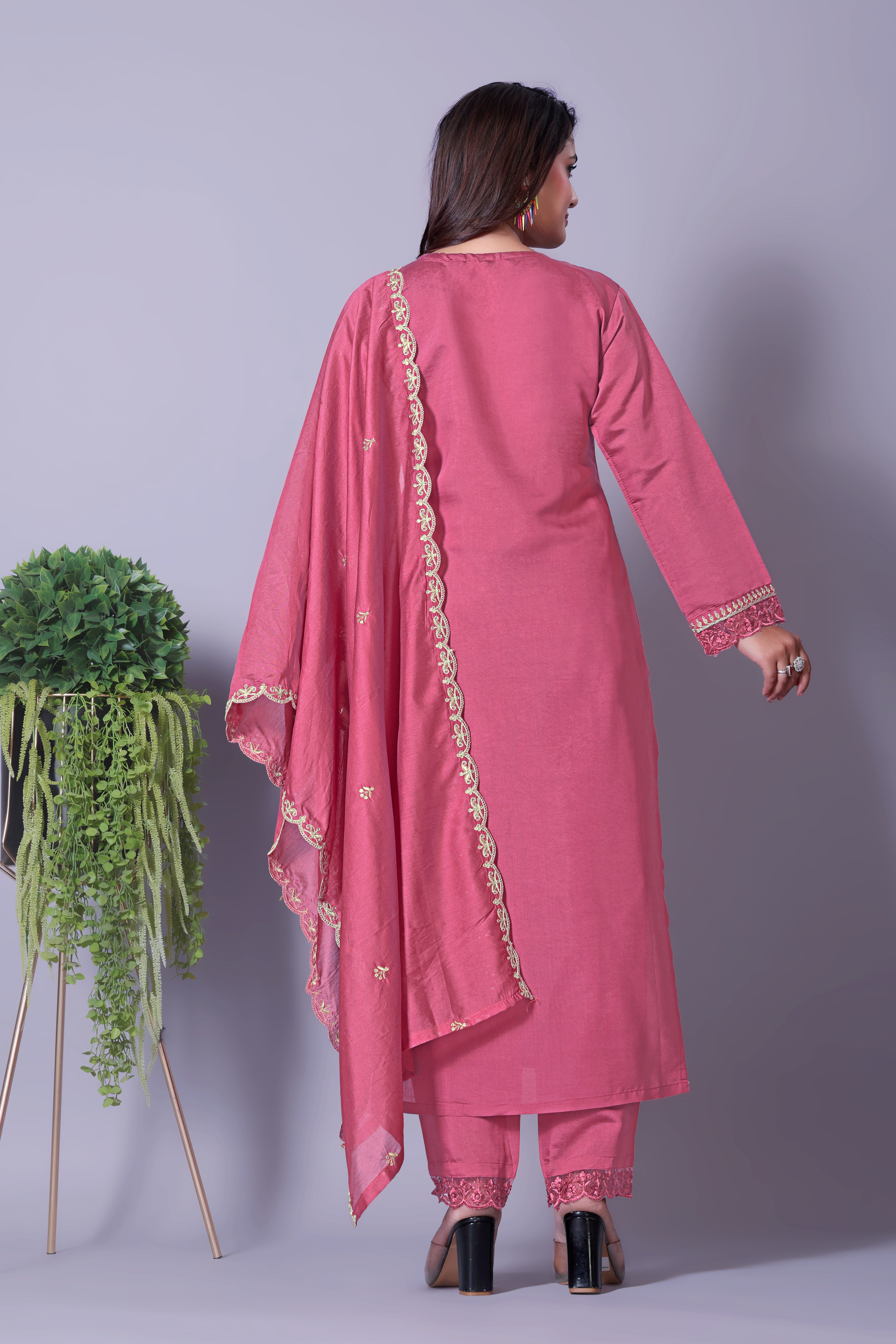 Festive Pink Silk Blend Kurti Set with Zari & Sequence Embroidery