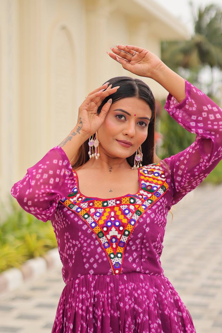 Designer Bandhani Print Anarkali Gown with Multi-Color Embroidered Yoke