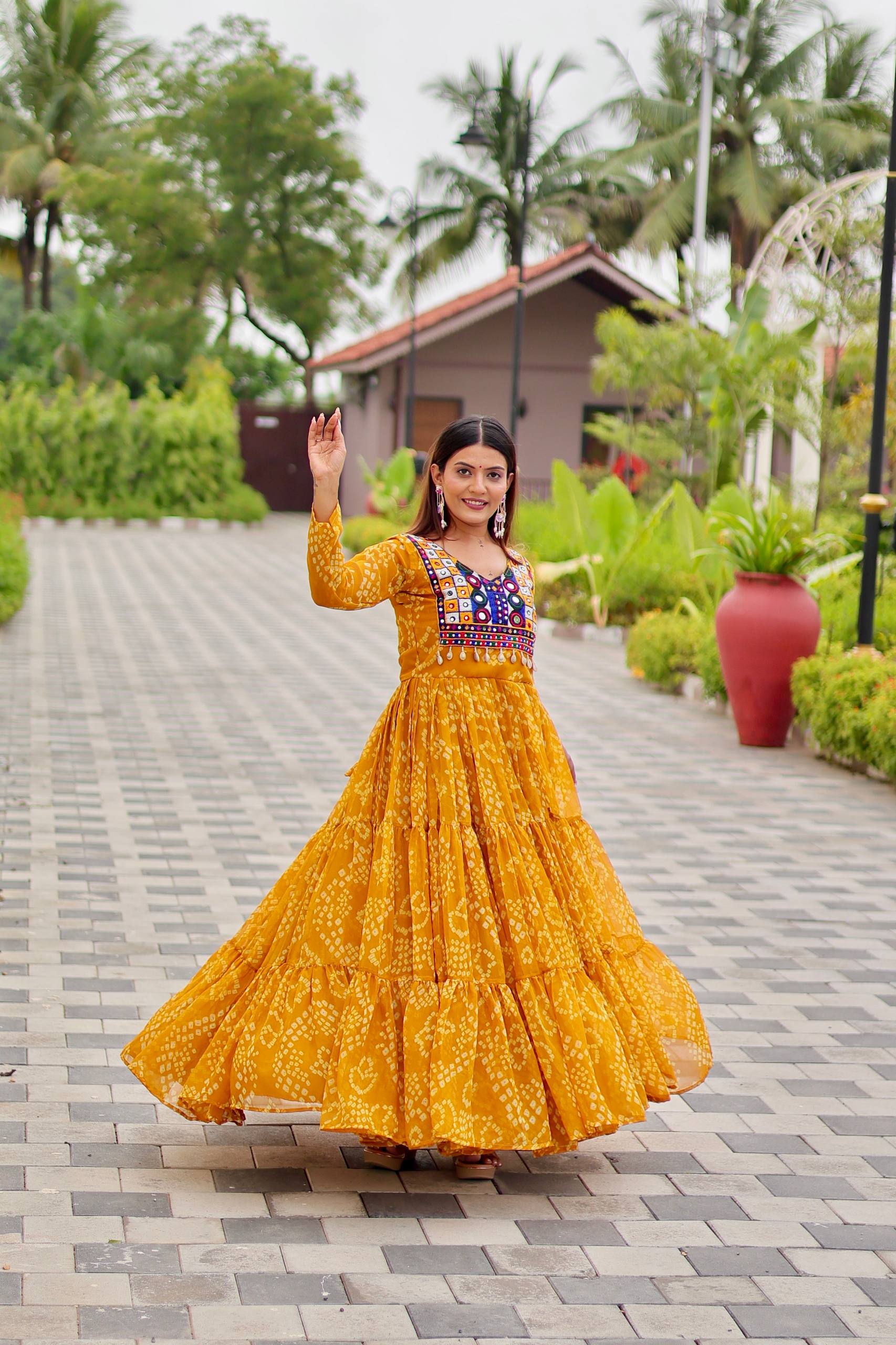 Mustard Yellow Georgette Bandhani Printed Navratri Special Gown