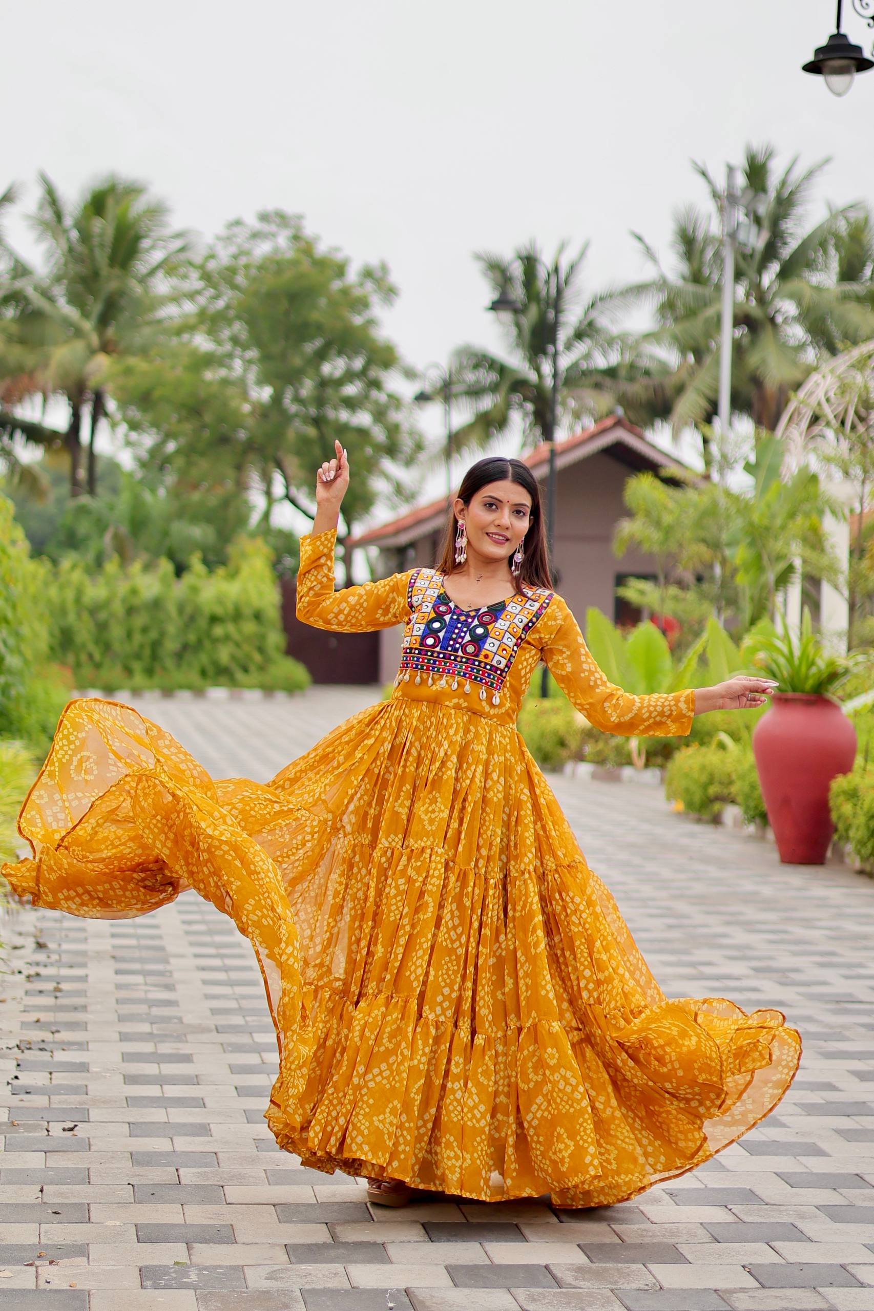 Mustard Yellow Georgette Bandhani Printed Navratri Special Gown