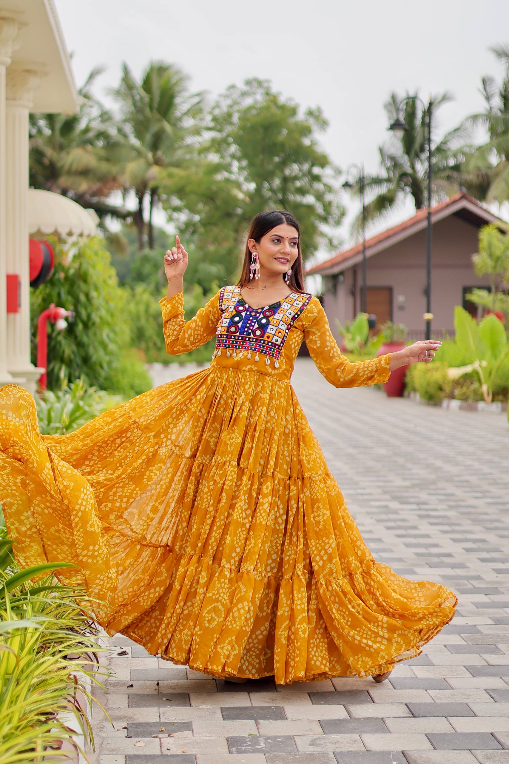 Mustard Yellow Georgette Bandhani Printed Navratri Special Gown