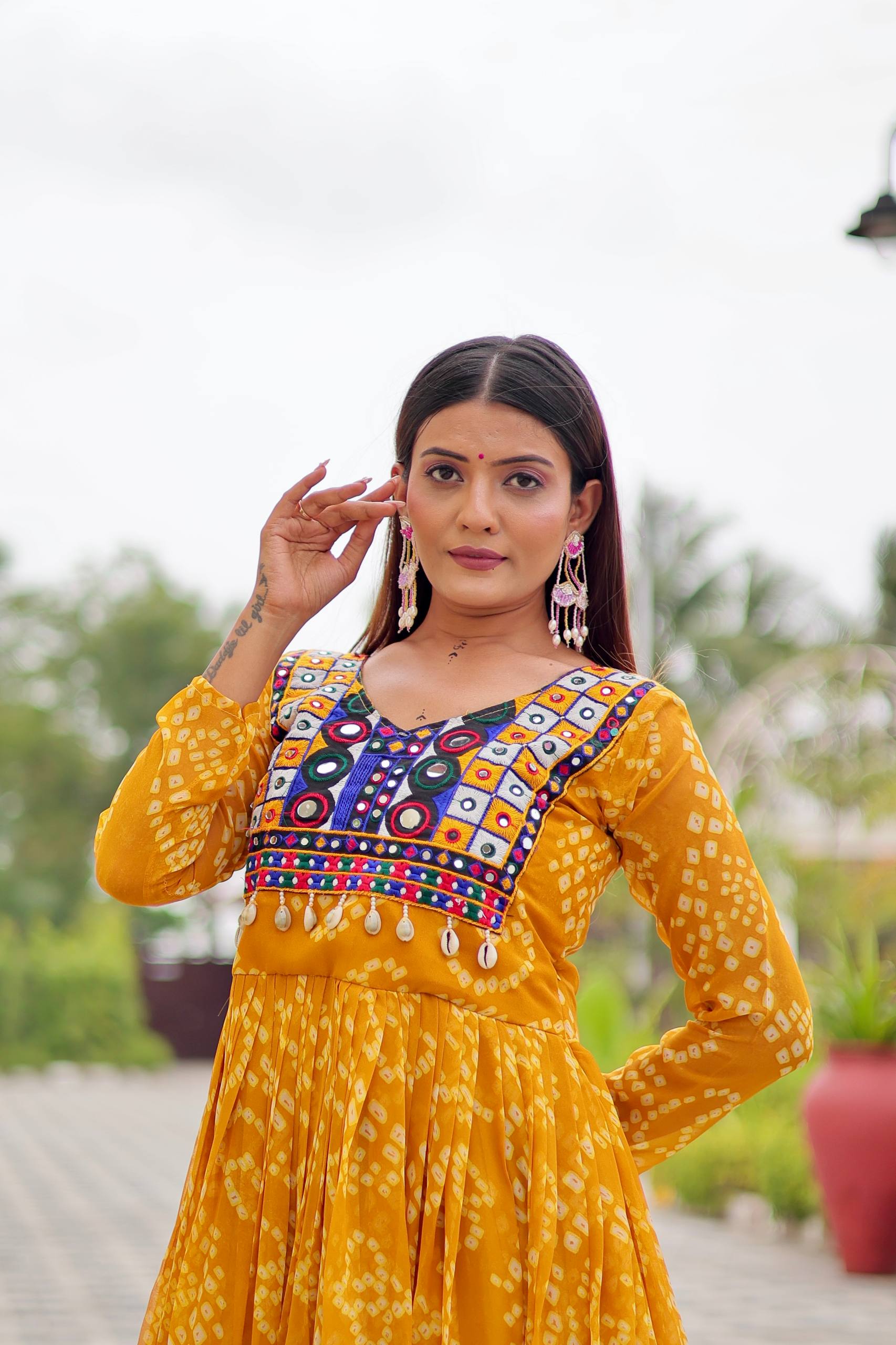 Mustard Yellow Georgette Bandhani Printed Navratri Special Gown