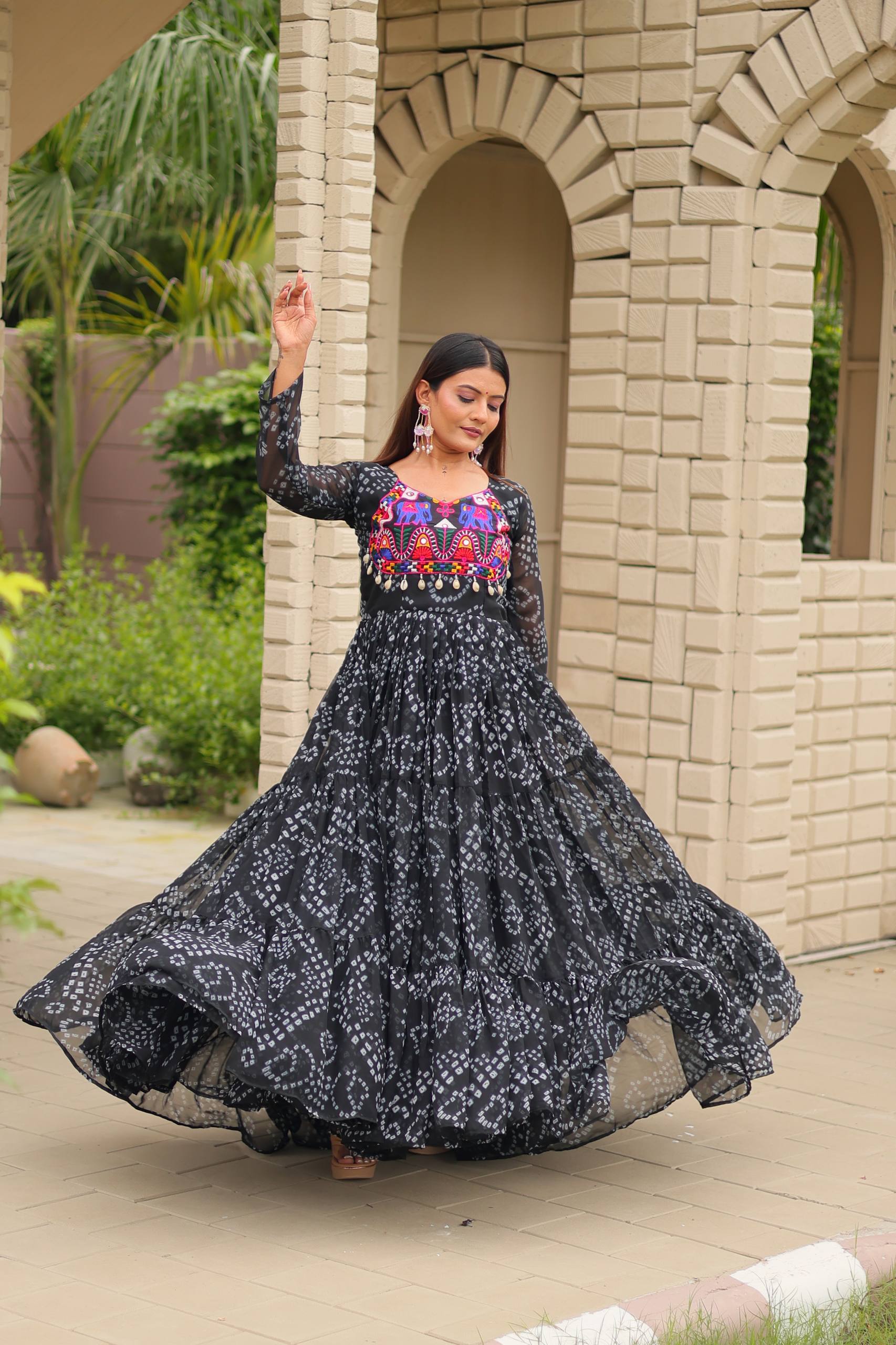 Black Georgette Bandhani Print Navratri Special Gown with Kutchi Patch Work