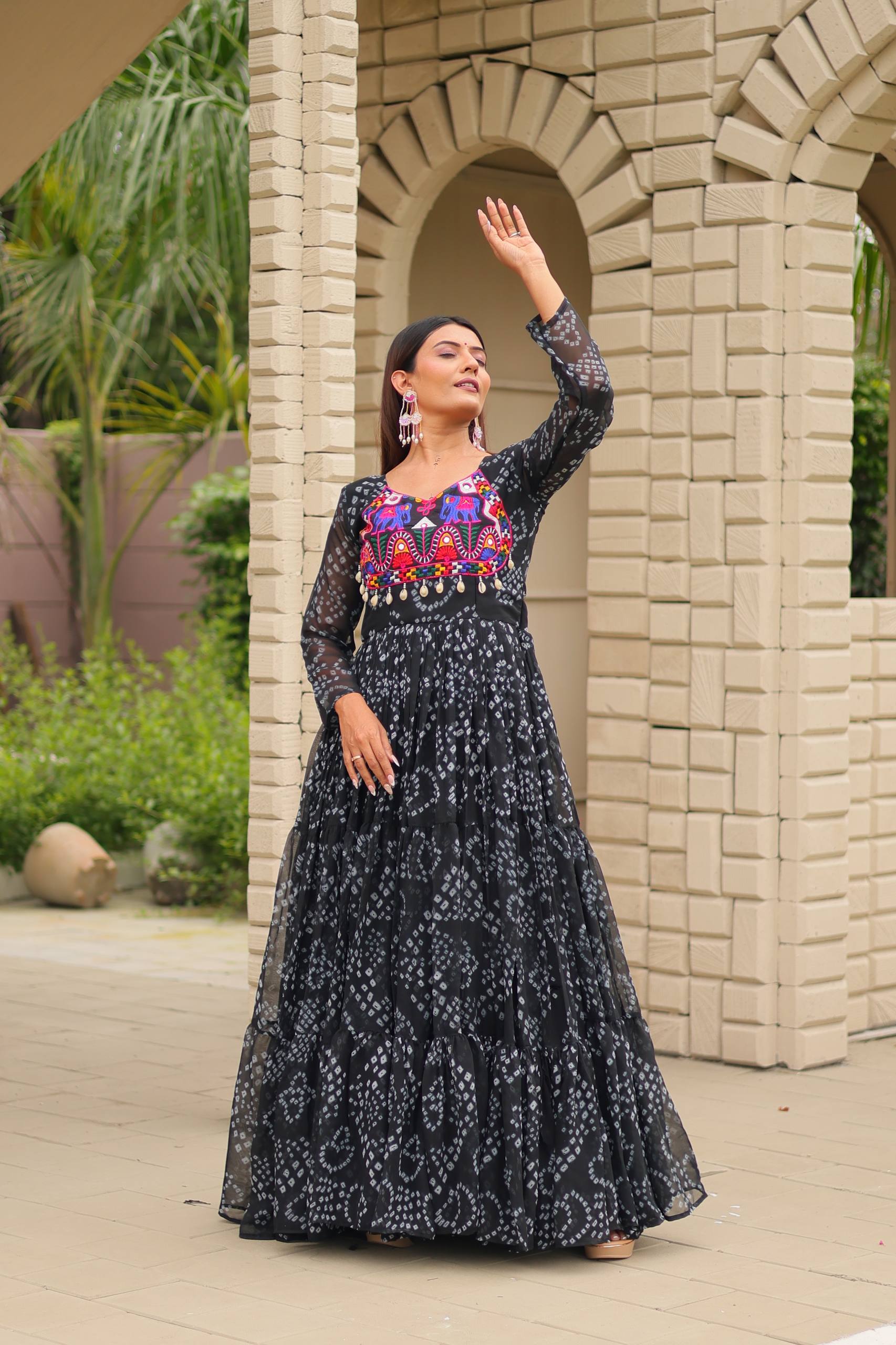 Black Georgette Bandhani Print Navratri Special Gown with Kutchi Patch Work