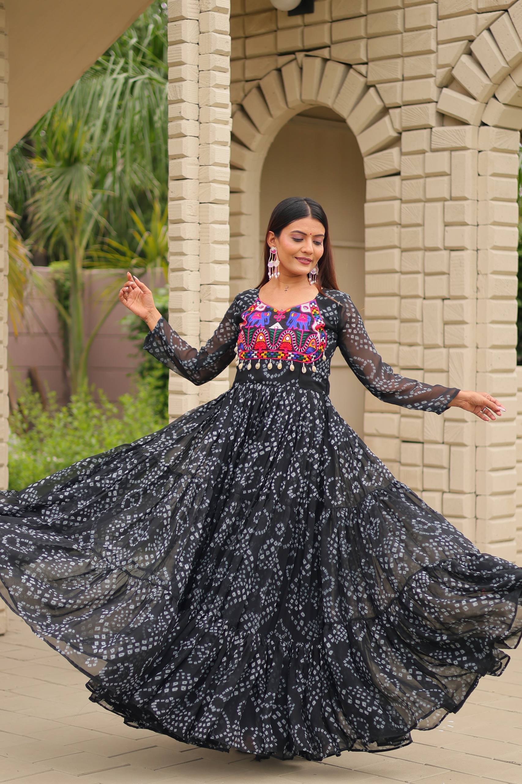 Black Georgette Bandhani Print Navratri Special Gown with Kutchi Patch Work