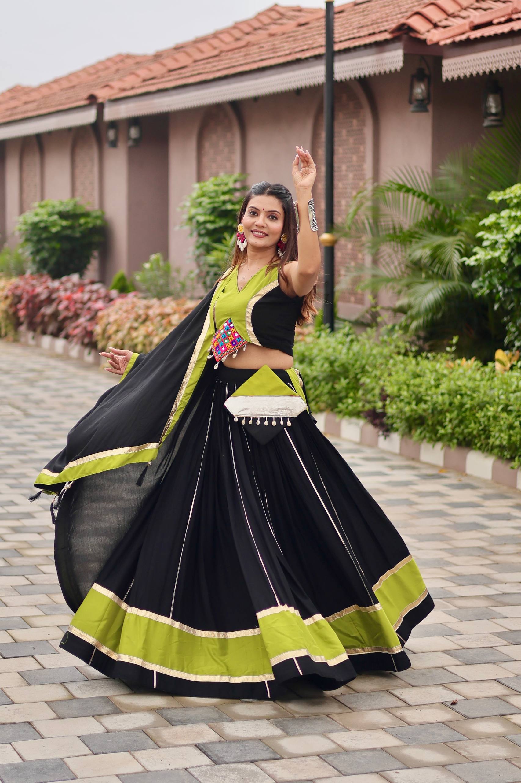 Navratri Special Black Cotton Gamthi Work Lehenga Choli with Green Accents