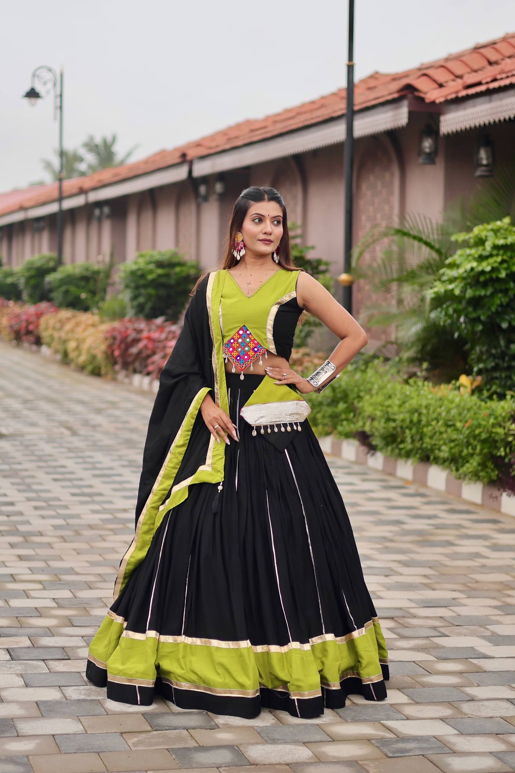 Navratri Special Black Cotton Gamthi Work Lehenga Choli with Green Accents